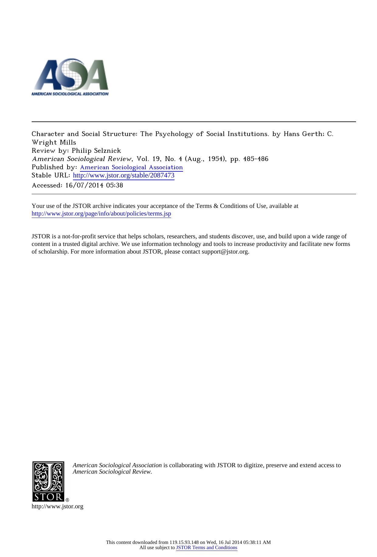Character and Social Structure: The Psychology of Social Institutions. by Hans Gerth; C. Wright Mills by Character & Social Structure The Psychology of Social Institutions. by Hans Gerth; C.Wright Mills