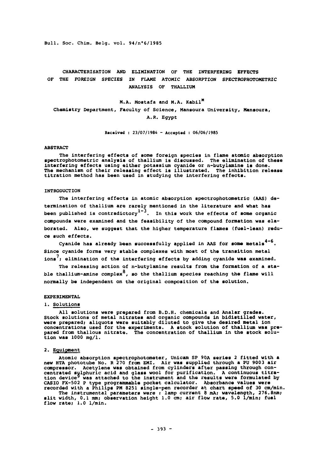 Characterisation and Elimination of the Interfering Effects of the Foreign Species In Flame Atomic Absorption Spectrophotometric Analysis of Thallium by Unknown