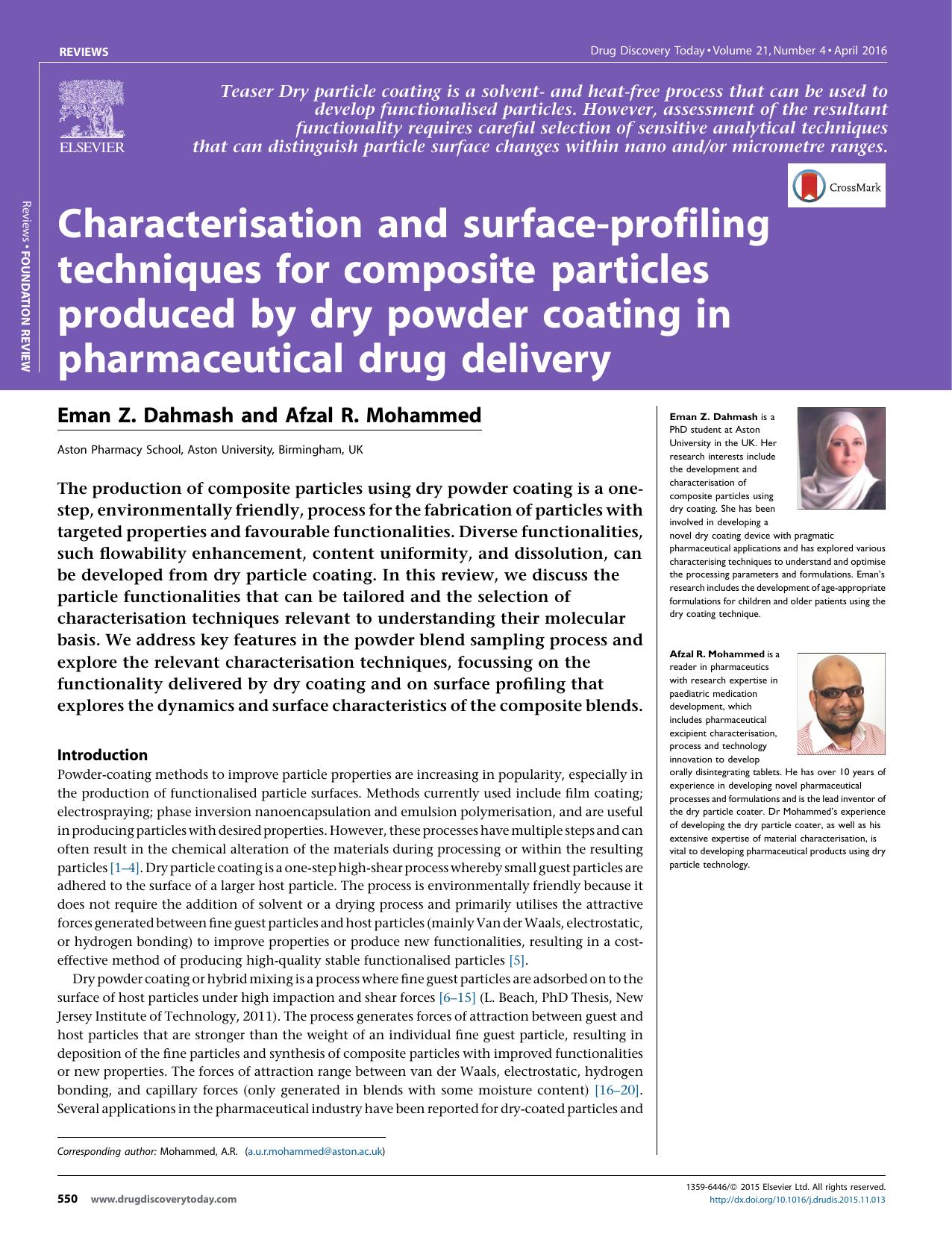Characterisation and surface-profiling techniques for composite particles produced by dry powder coating in pharmaceutical drug delivery by Eman Z. Dahmash & Afzal R. Mohammed