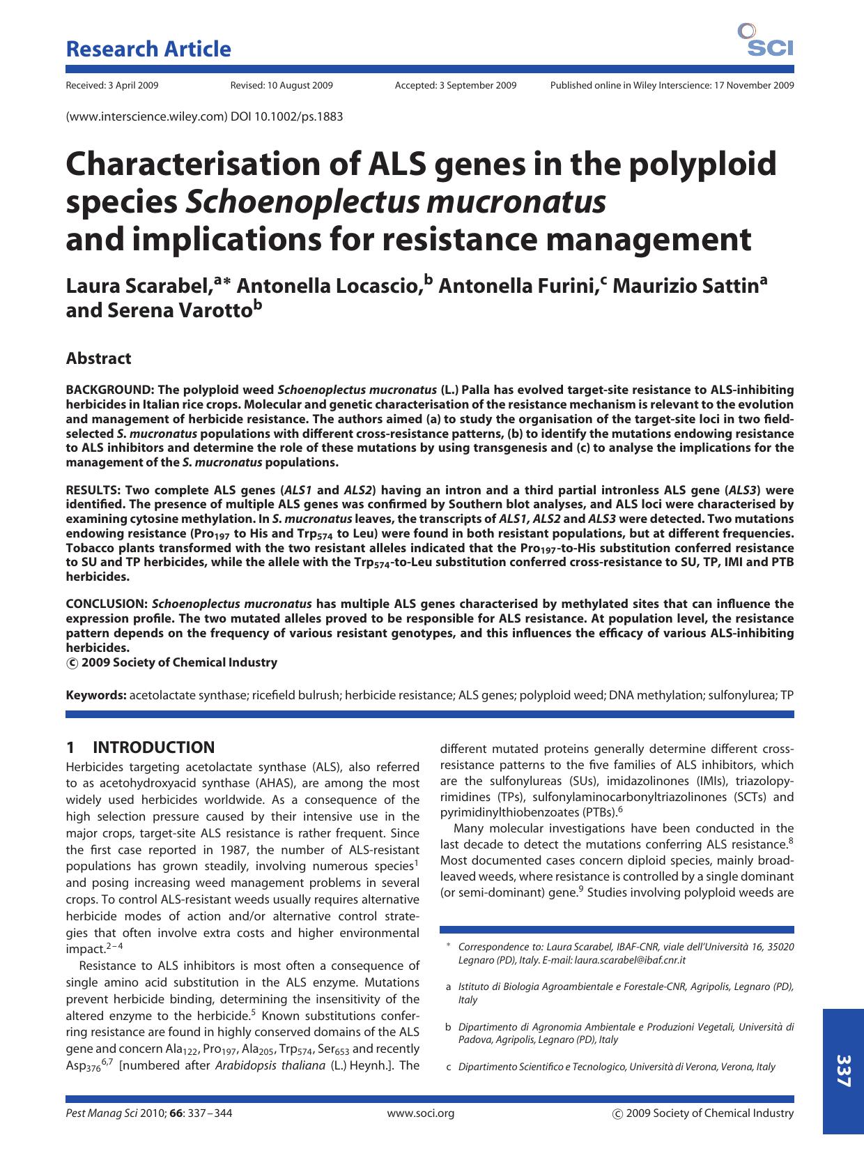 Characterisation of ALS genes in the polyploid species Schoenoplectus mucronatus and implications for resistance management by Unknown