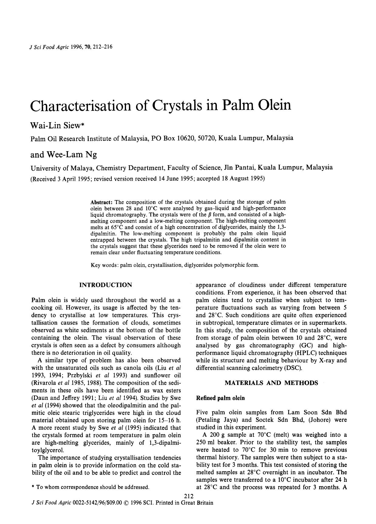 Characterisation of Crystals in Palm Olein by Unknown
