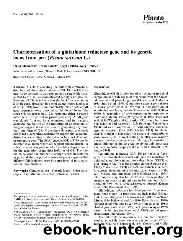Characterisation of a glutathione reductase gene and its genetic locus from pea (<Emphasis Type="Italic">Pisum sativum<Emphasis> L.) by Unknown
