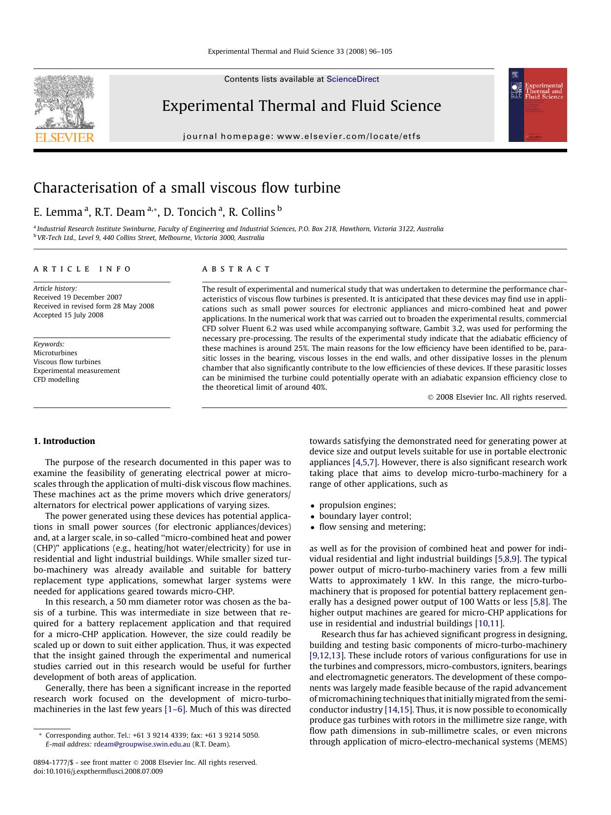 Characterisation of a small viscous flow turbine by E. Lemma; R.T. Deam; D. Toncich; R. Collins