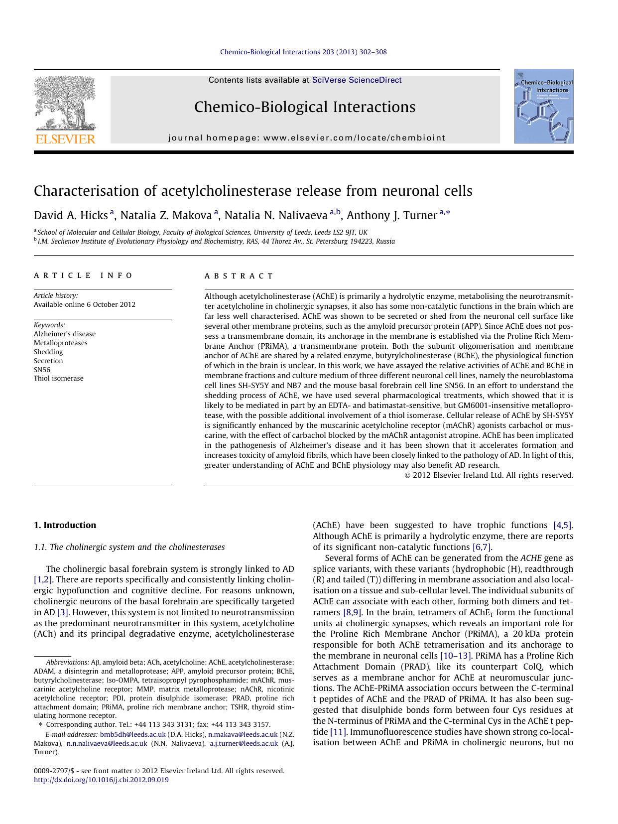 Characterisation of acetylcholinesterase release from neuronal cells by David A. Hicks & Natalia Z. Makova & Natalia N. Nalivaeva & Anthony J. Turner