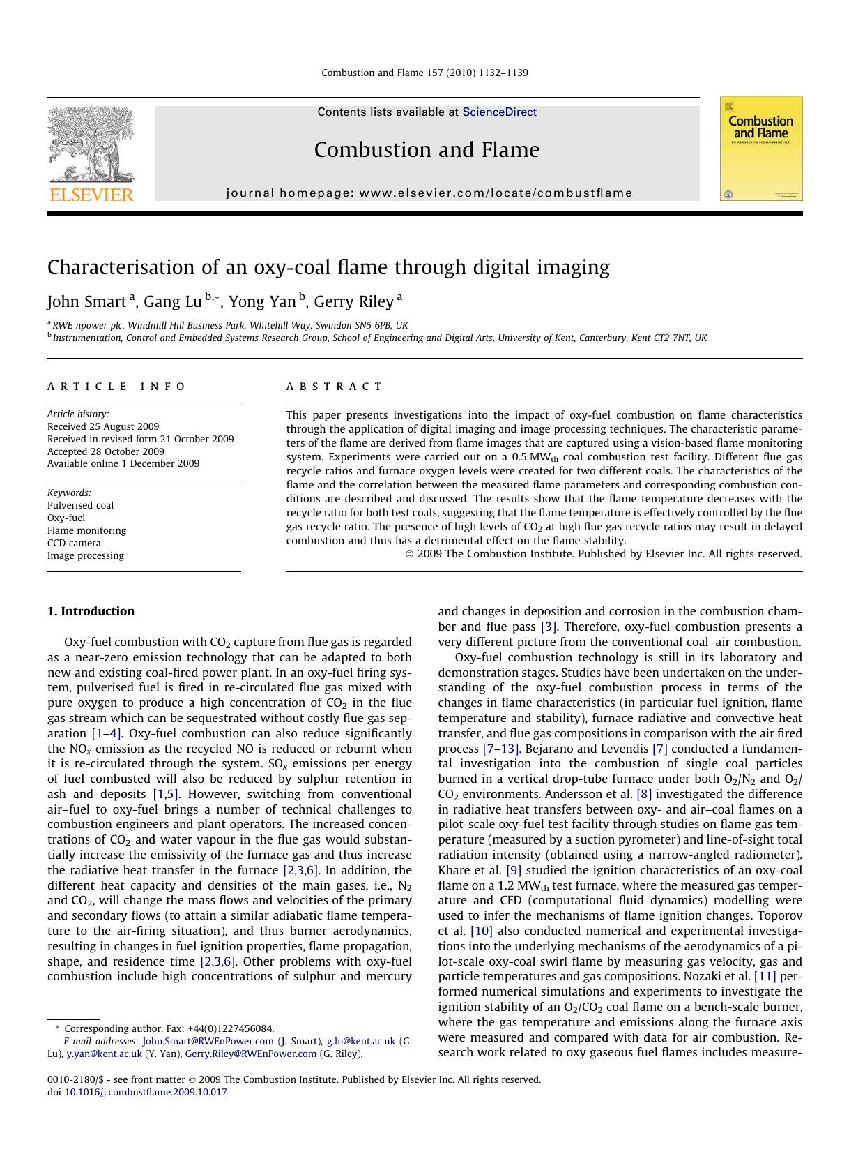 Characterisation of an oxy-coal flame through digital imaging by John Smart; Gang Lu; Yong Yan; Gerry Riley