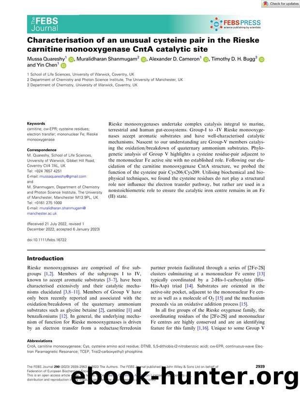 Characterisation of an unusual cysteine pair in the Rieske carnitine monooxygenase CntA catalytic site by Unknown