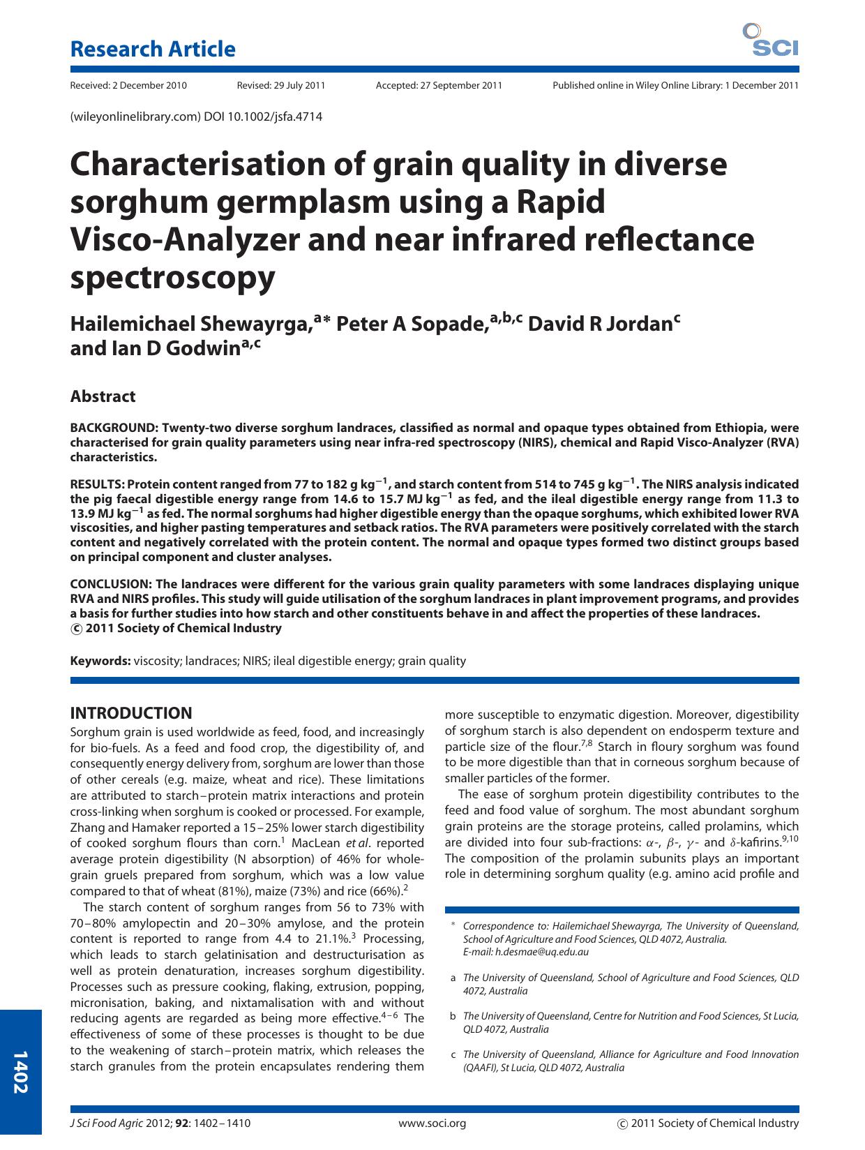 Characterisation of grain quality in diverse sorghum germplasm using a Rapid ViscoAnalyzer and near infrared reflectance spectroscopy by Unknown