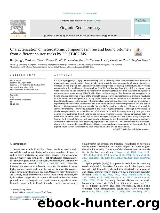 Characterisation of heteroatomic compounds in free and bound bitumen from different source rocks by ESI FT-ICR MS by Bin Jiang & Yankuan Tian & Zheng Zhai & Zhao-Wen Zhan & Yuhong Liao & Yan-Rong Zou & Ping'an Peng