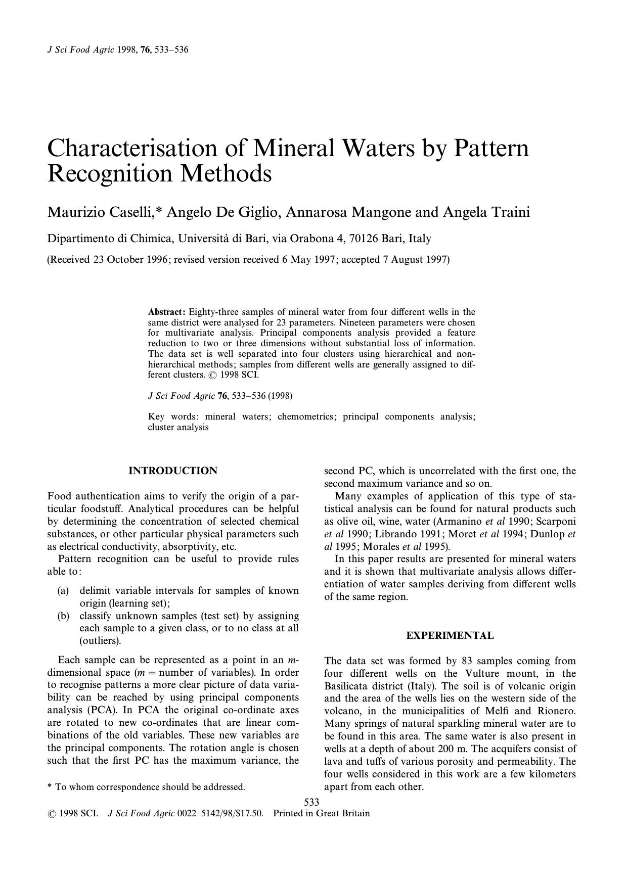 Characterisation of mineral waters by pattern recognition methods by Caselli De Giglio Mangone Traini