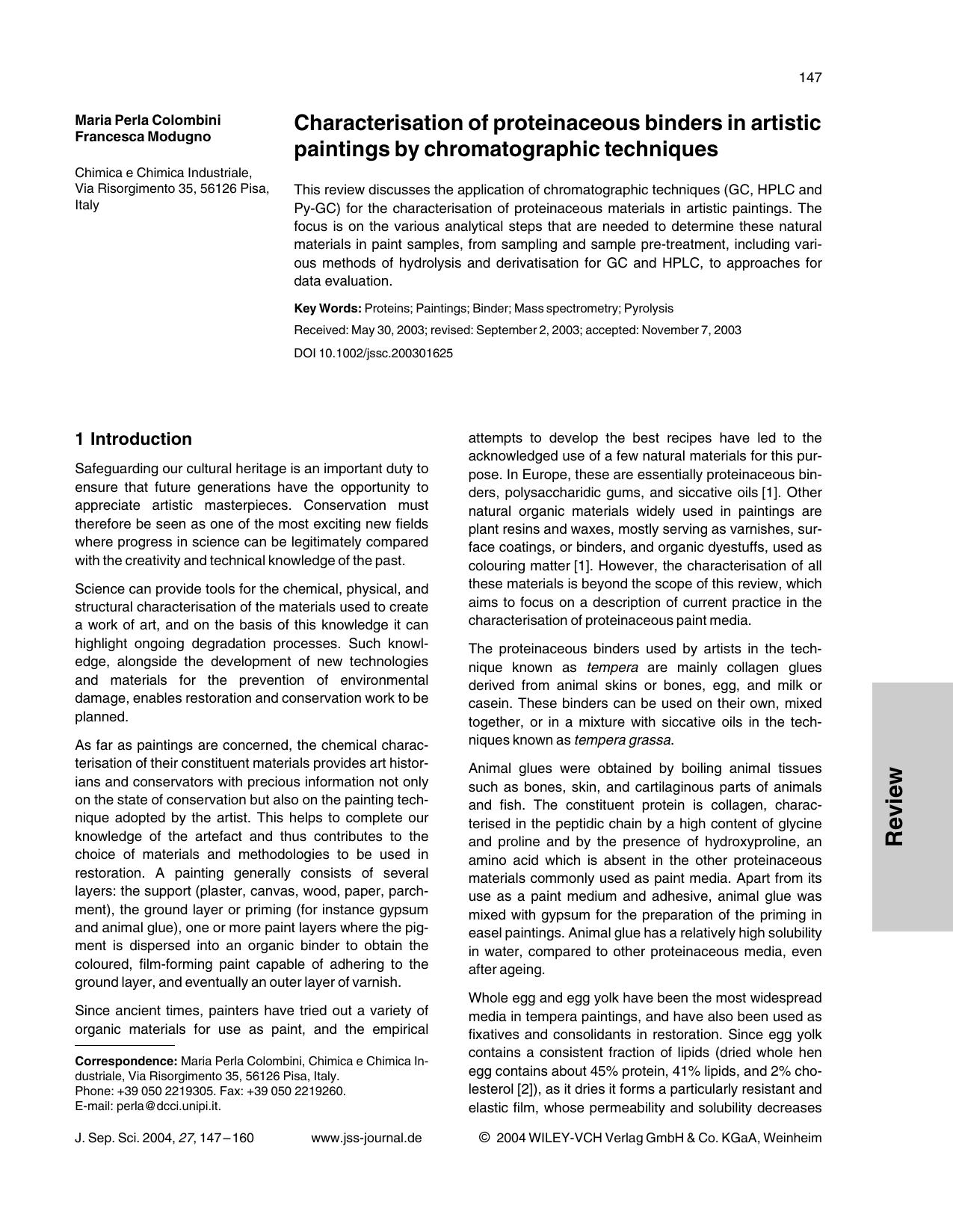 Characterisation of proteinaceous binders in artistic paintings by chromatographic techniques by Unknown