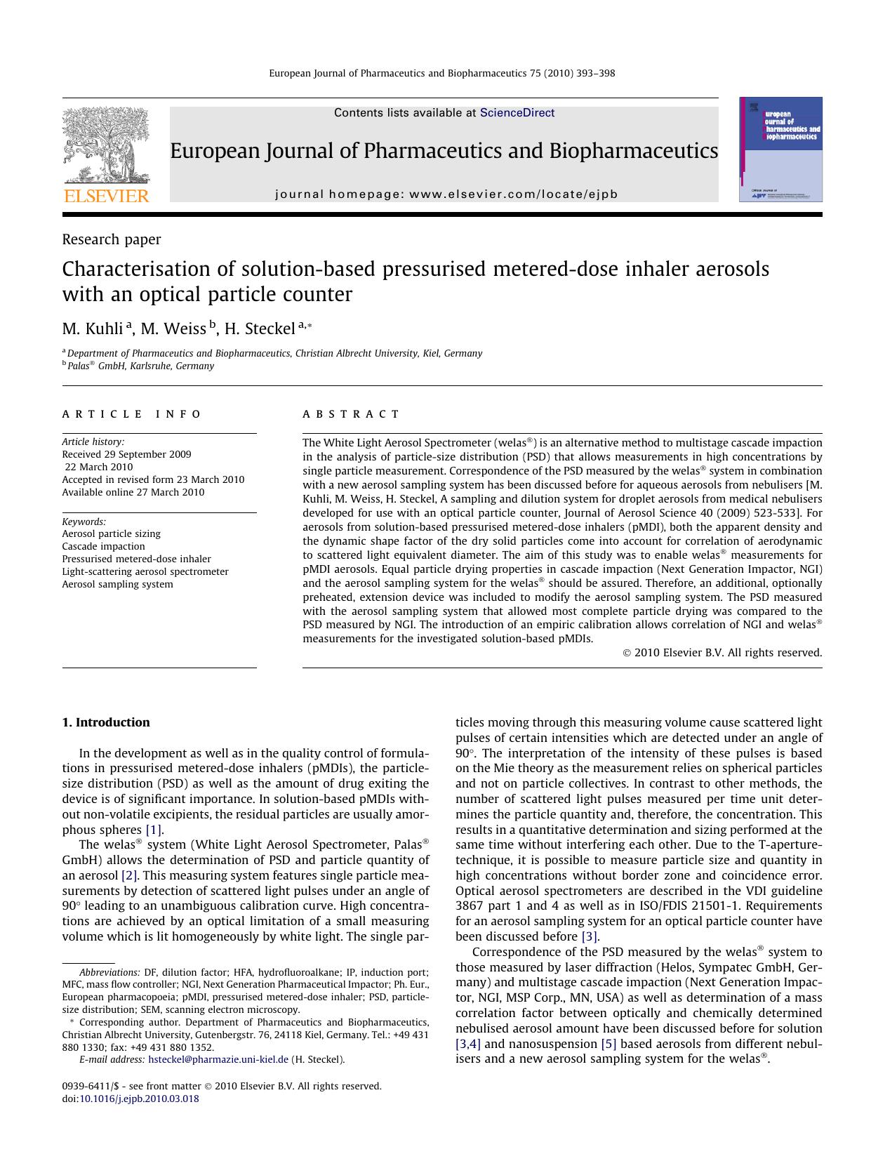 Characterisation of solution-based pressurised metered-dose inhaler aerosols with an optical particle counter by M. Kuhli & M. Weiss & H. Steckel