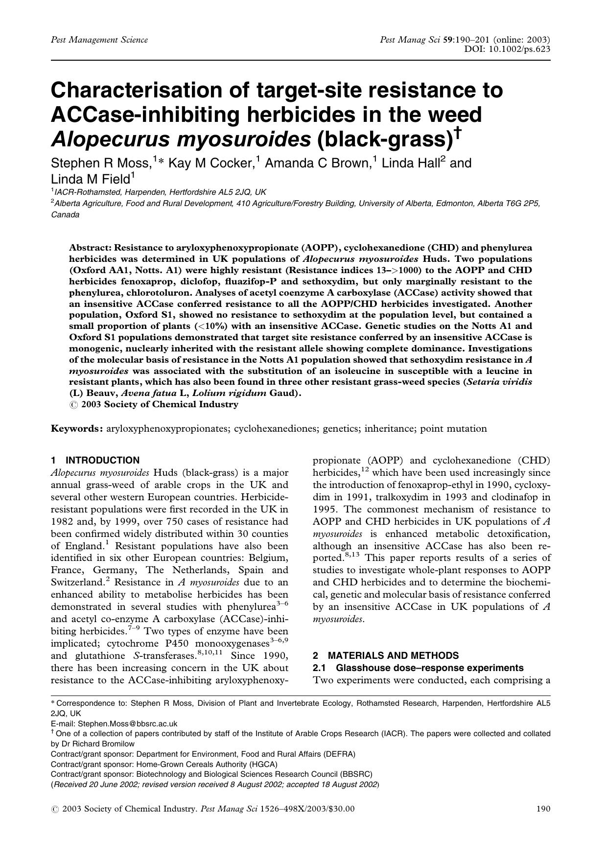 Characterisation of target-site resistance to ACCase-inhibiting herbicides in the weed Alopecurus myosuroides (black-grass) by Unknown
