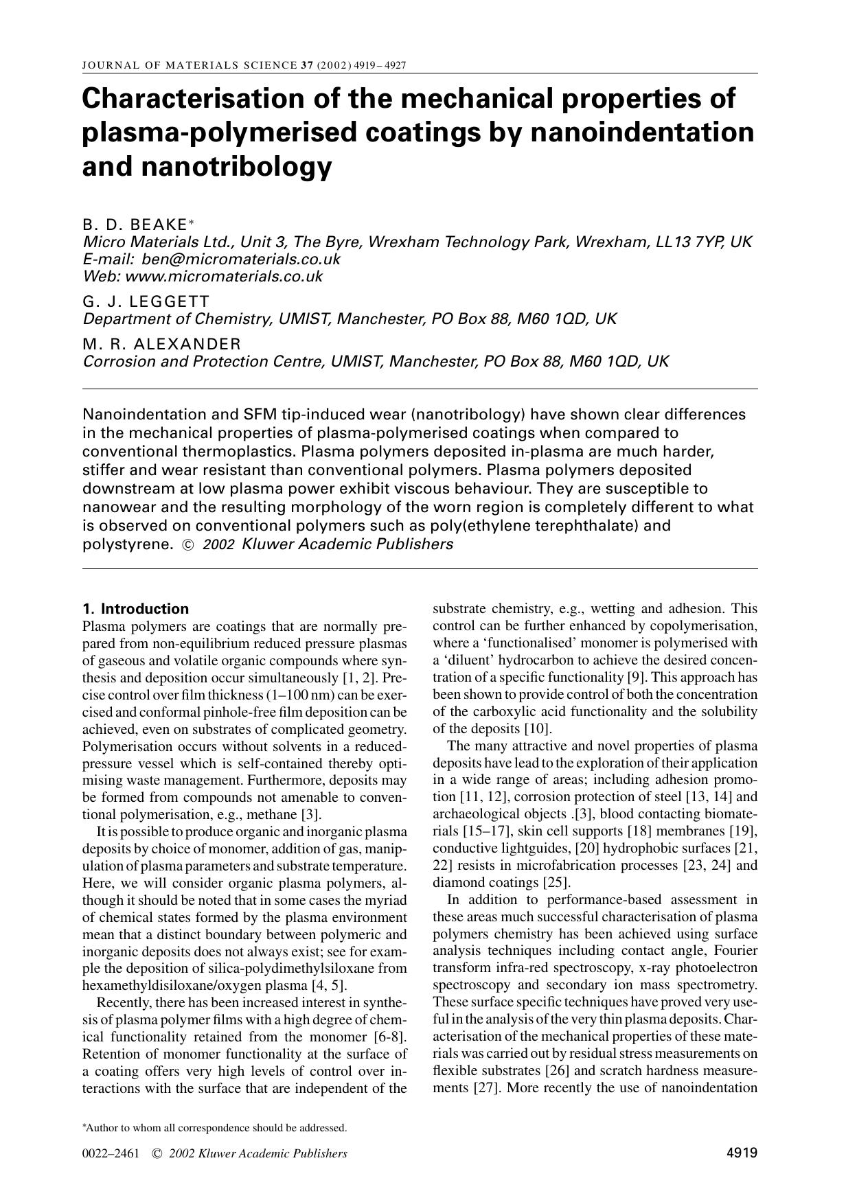 Characterisation of the mechanical properties of plasma-polymerised coatings by nanoindentation and nanotribology by Unknown