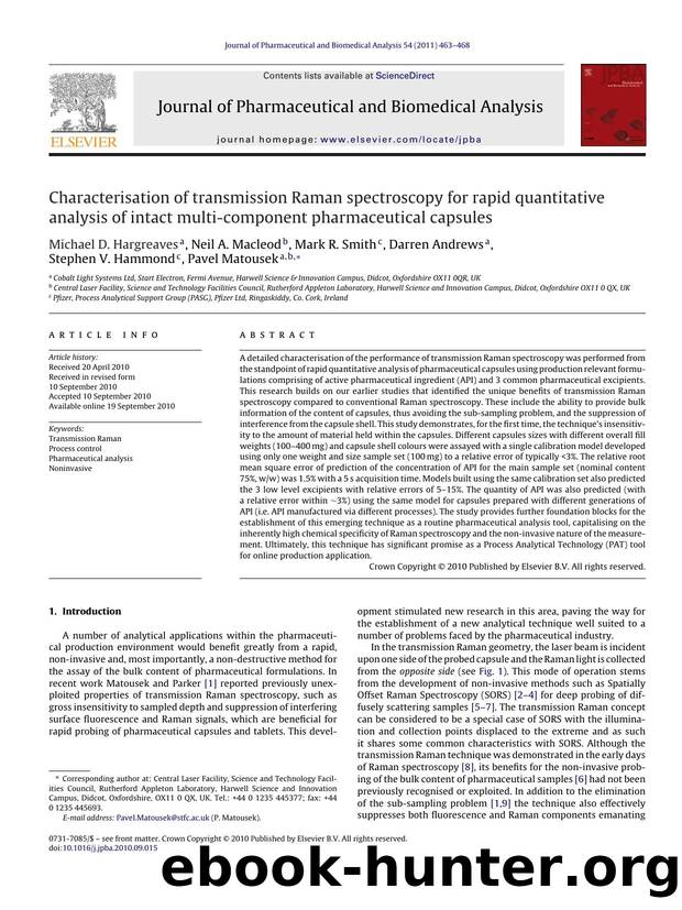 Characterisation of transmission Raman spectroscopy for rapid quantitative analysis of intact multi-component pharmaceutical capsules by Michael D. Hargreaves