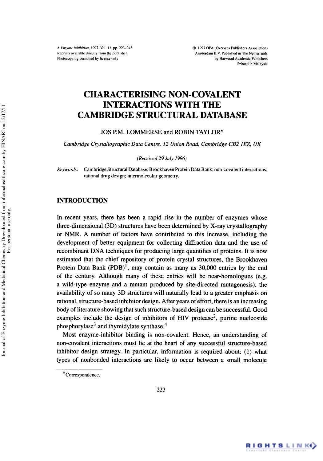 Characterising Non-Covalent Interactions With The Cambridge Structural Database by Jos P.M. Lommerse & Robin Taylor