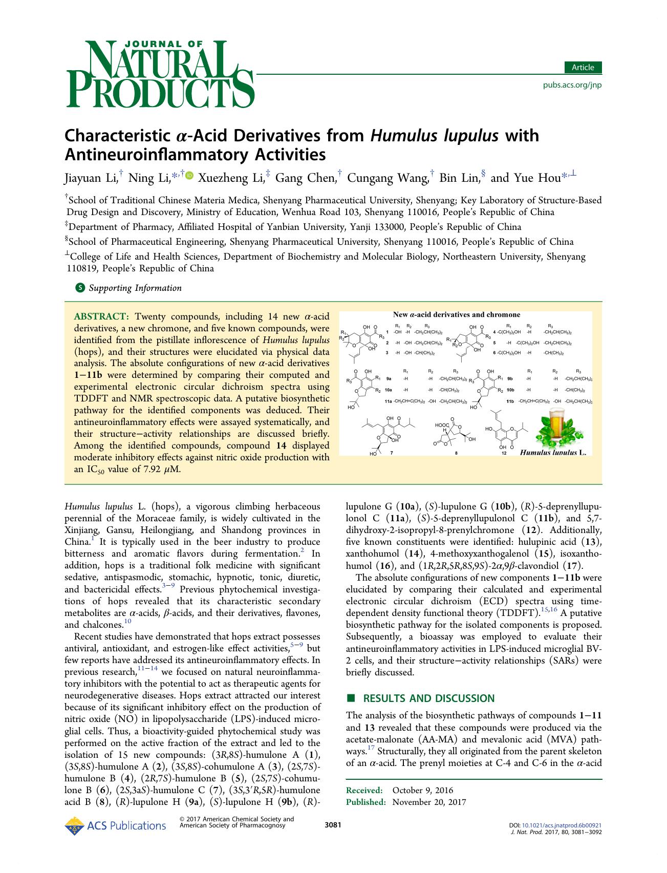 Characteristic Î±-Acid Derivatives from Humulus lupulus with Antineuroinflammatory Activities by Jiayuan Li Ning Li Xuezheng Li Gang Chen Cungang Wang Bin Lin & Yue Hou