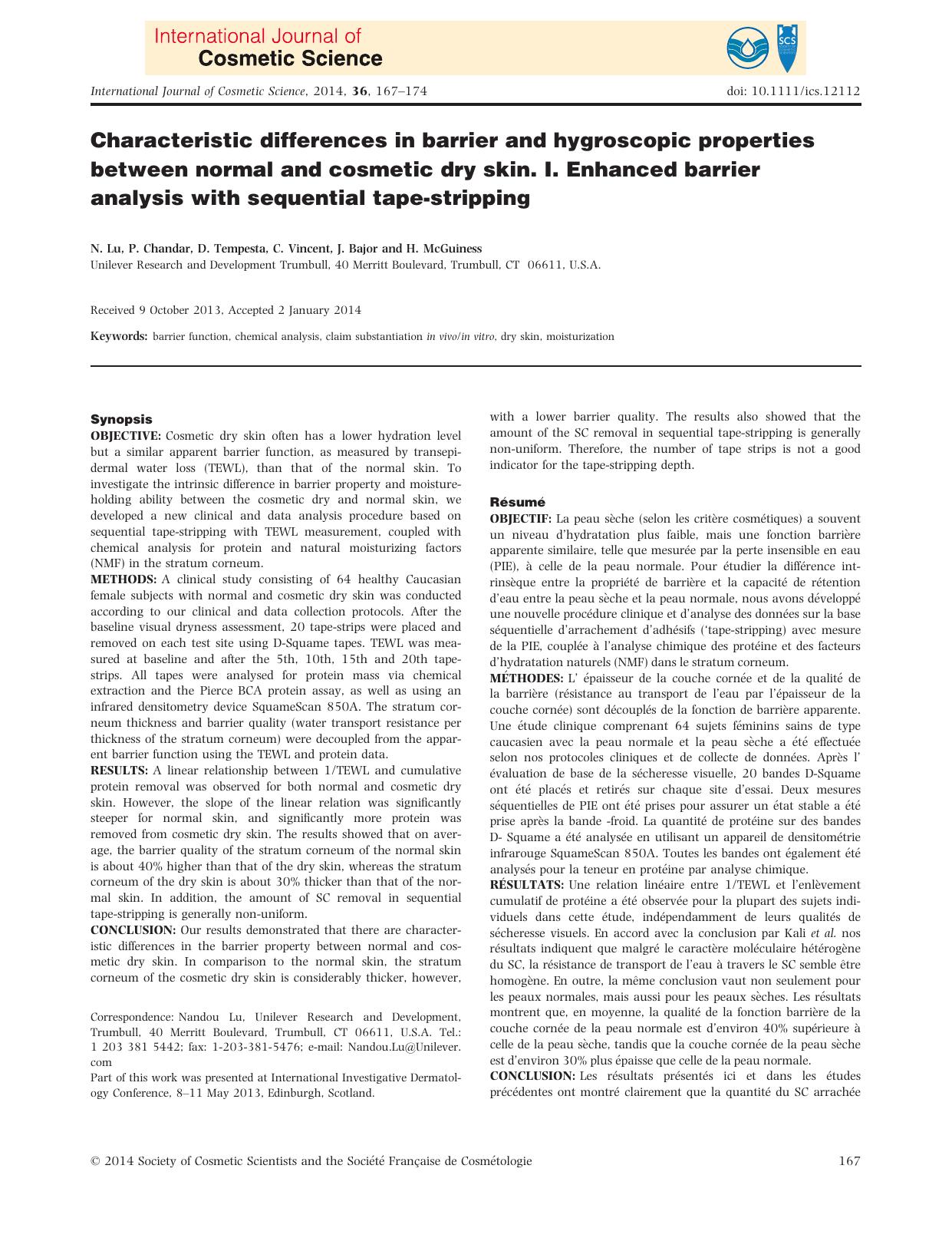 Characteristic differences in barrier and hygroscopic properties between normal and cosmetic dry skin. I. Enhanced barrier analysis with sequential tapestripping by Unknown