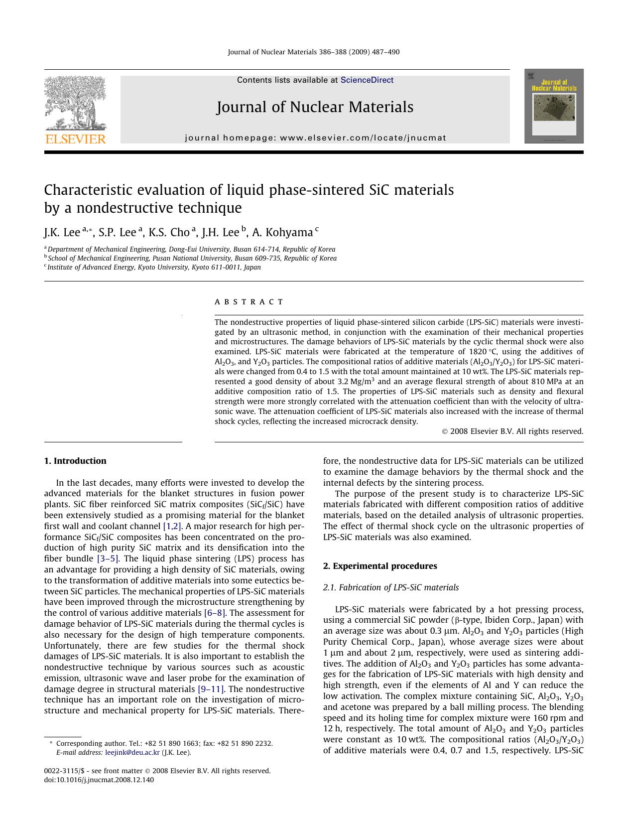 Characteristic evaluation of liquid phase-sintered SiC materials by a nondestructive technique by J.K. Lee; S.P. Lee; K.S. Cho; J.H. Lee; A. Kohyama