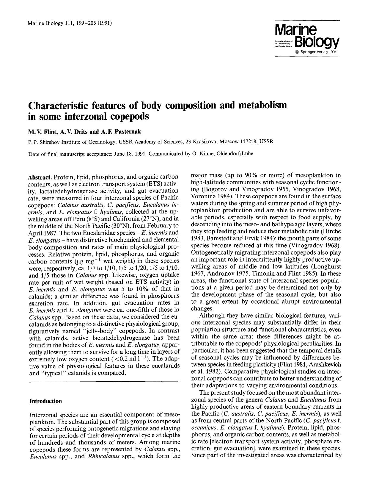 Characteristic features of body composition and metabolism in some interzonal copepods by Unknown