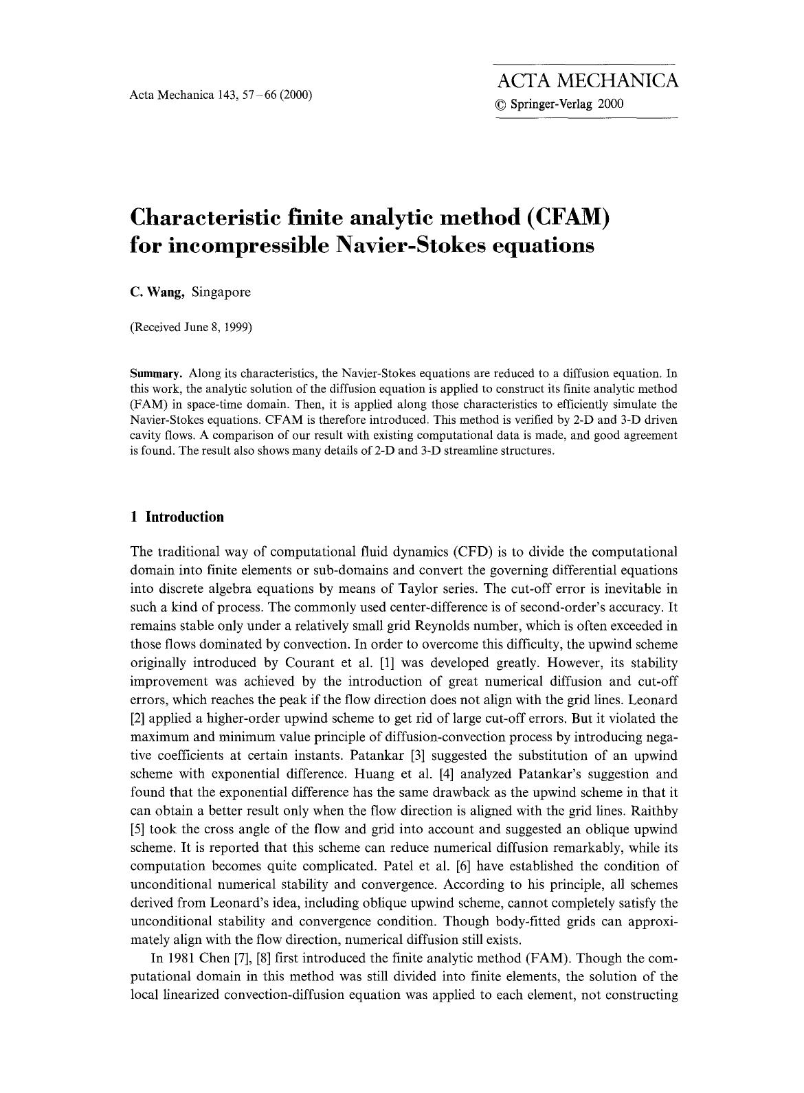 Characteristic finite analytic method (CFAM) for incompressible Navier-Stokes equations by Unknown