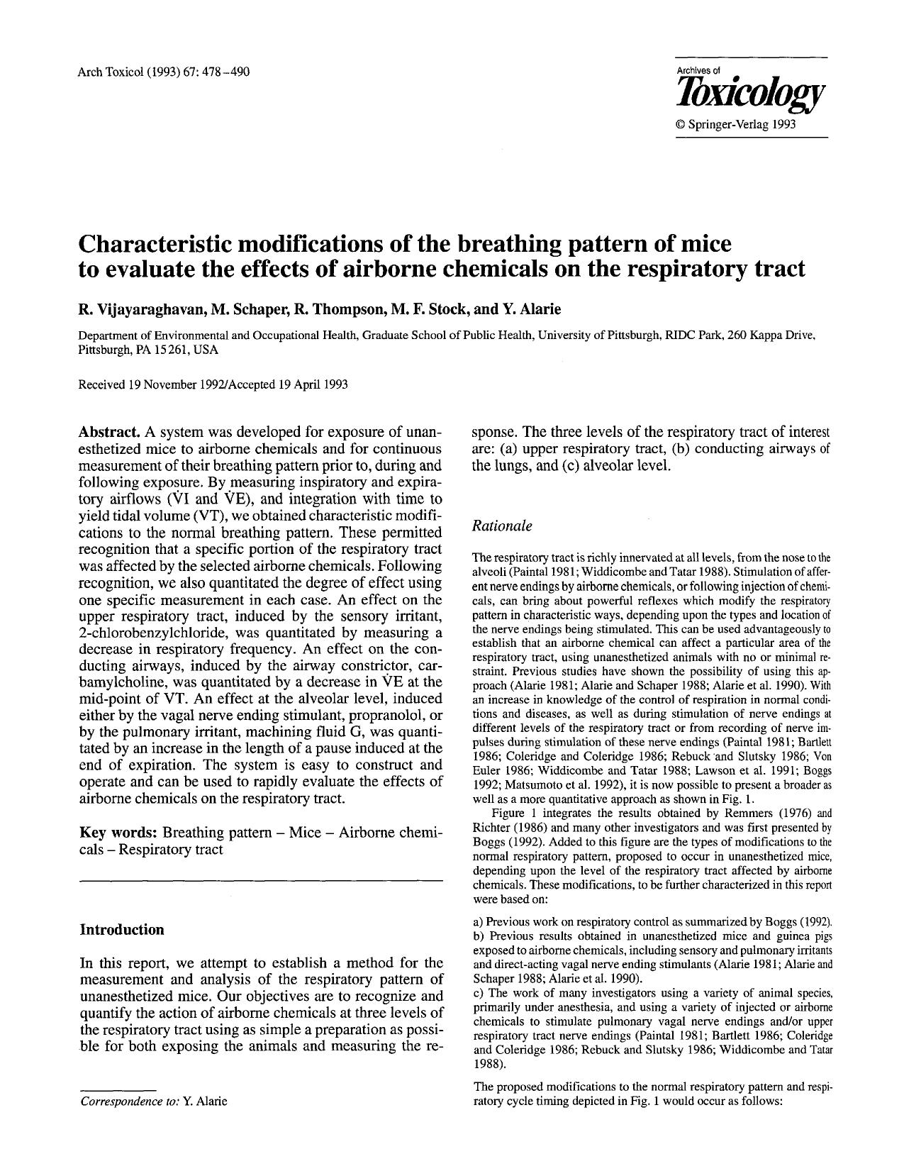 Characteristic modifications of the breathing pattern of mice to evaluate the effects of airborne chemicals on the respiratory tract by Unknown