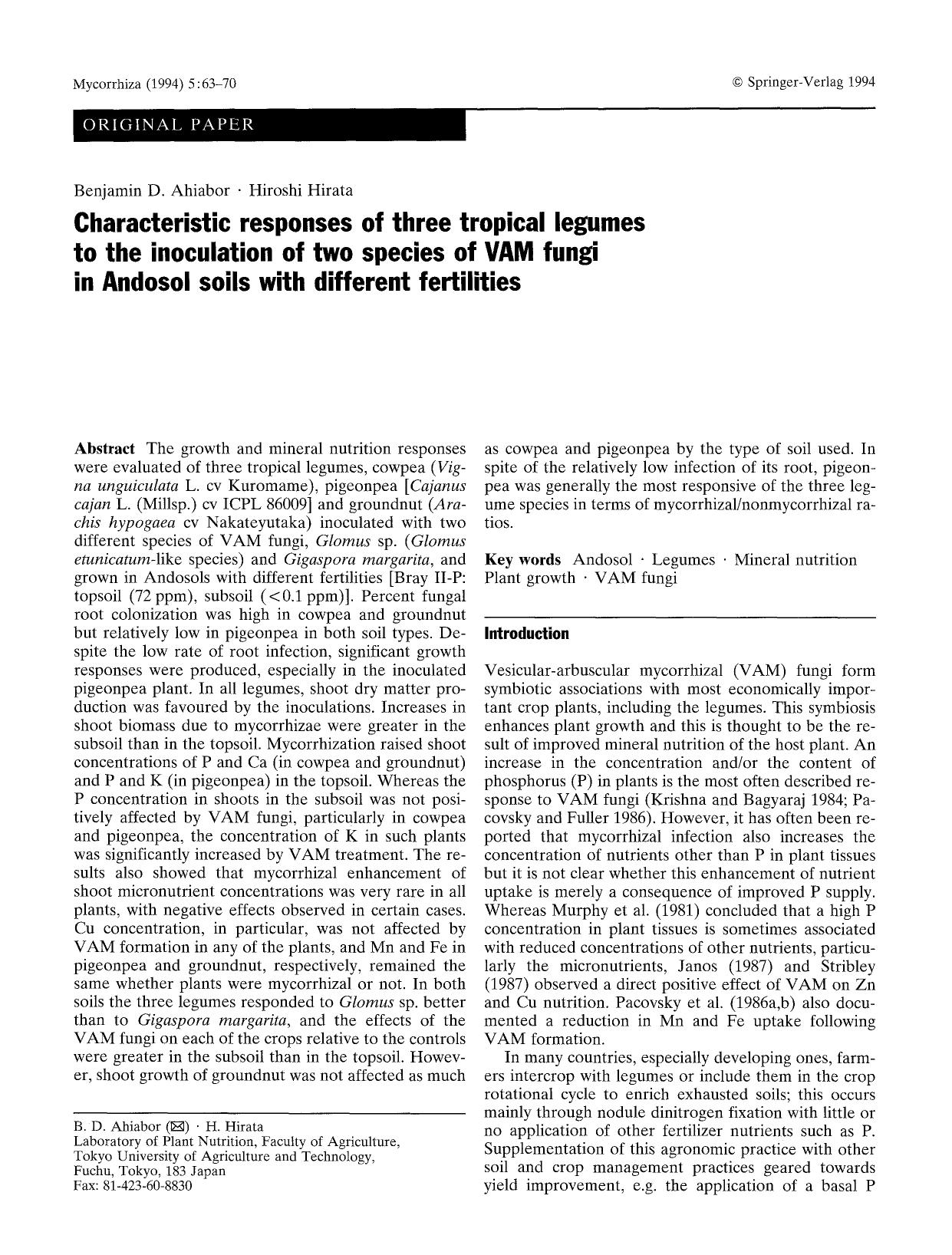 Characteristic responses of three tropical legumes to the inoculation of two species of VAM fungi in Andosol soils with different fertilities by Unknown
