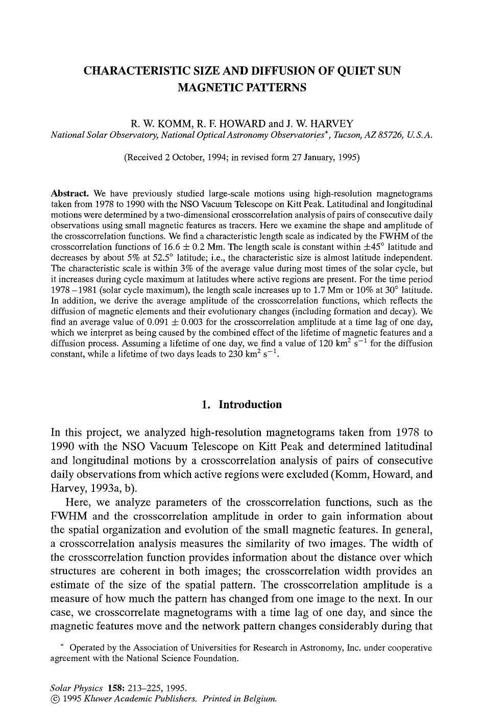 Characteristic size and diffusion of quiet sun magnetic patterns by Unknown