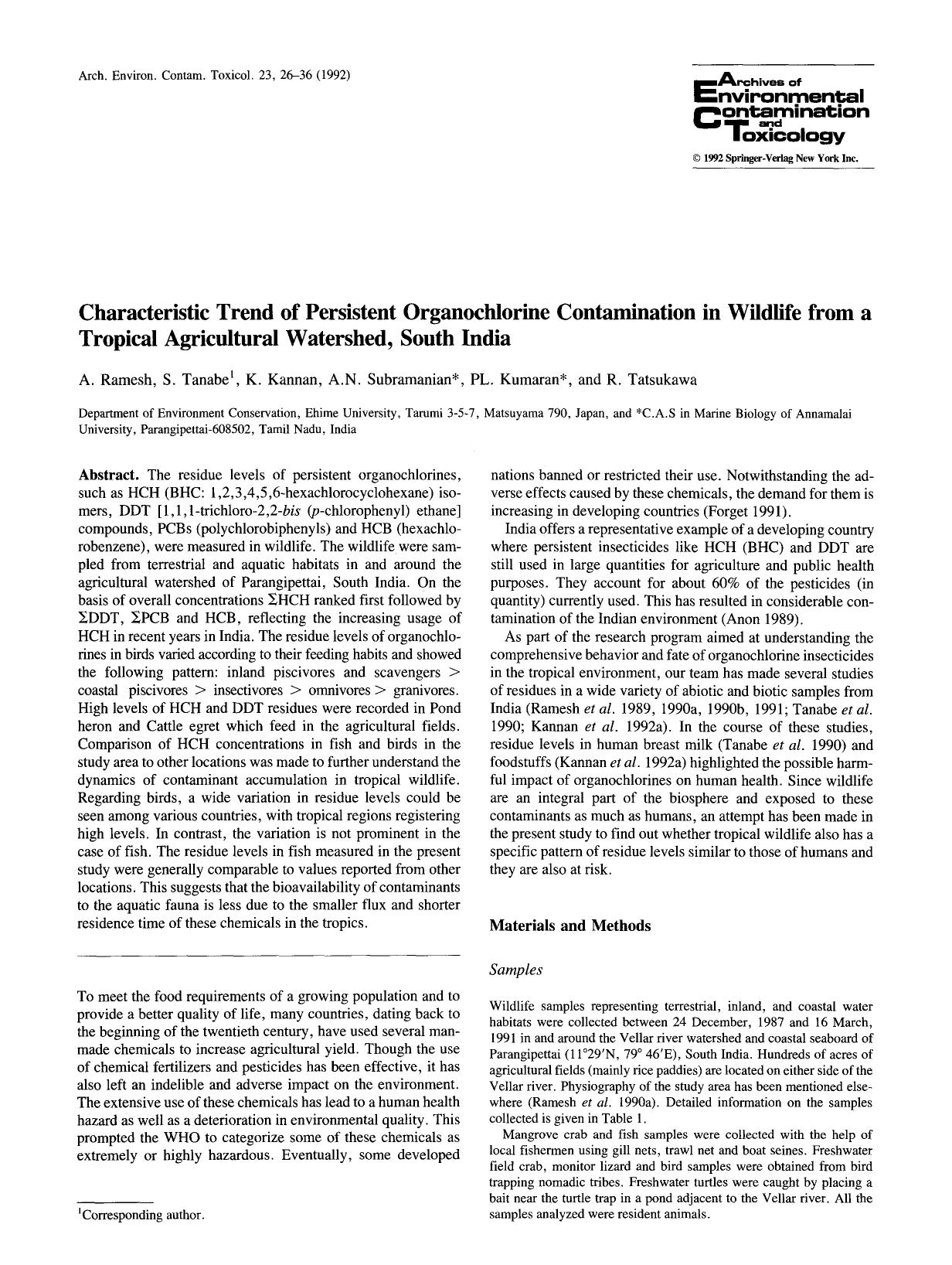 Characteristic trend of persistent organochlorine contamination in wildlife from a tropical agricultural watershed, South India by Unknown
