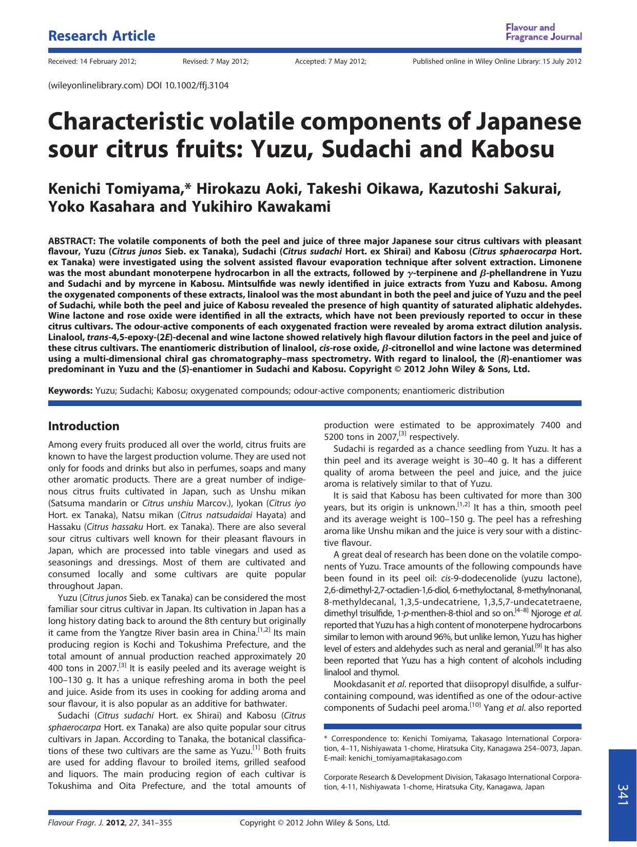 Characteristic volatile components of Japanese sour citrus fruits: Yuzu, Sudachi and Kabosu by Unknown