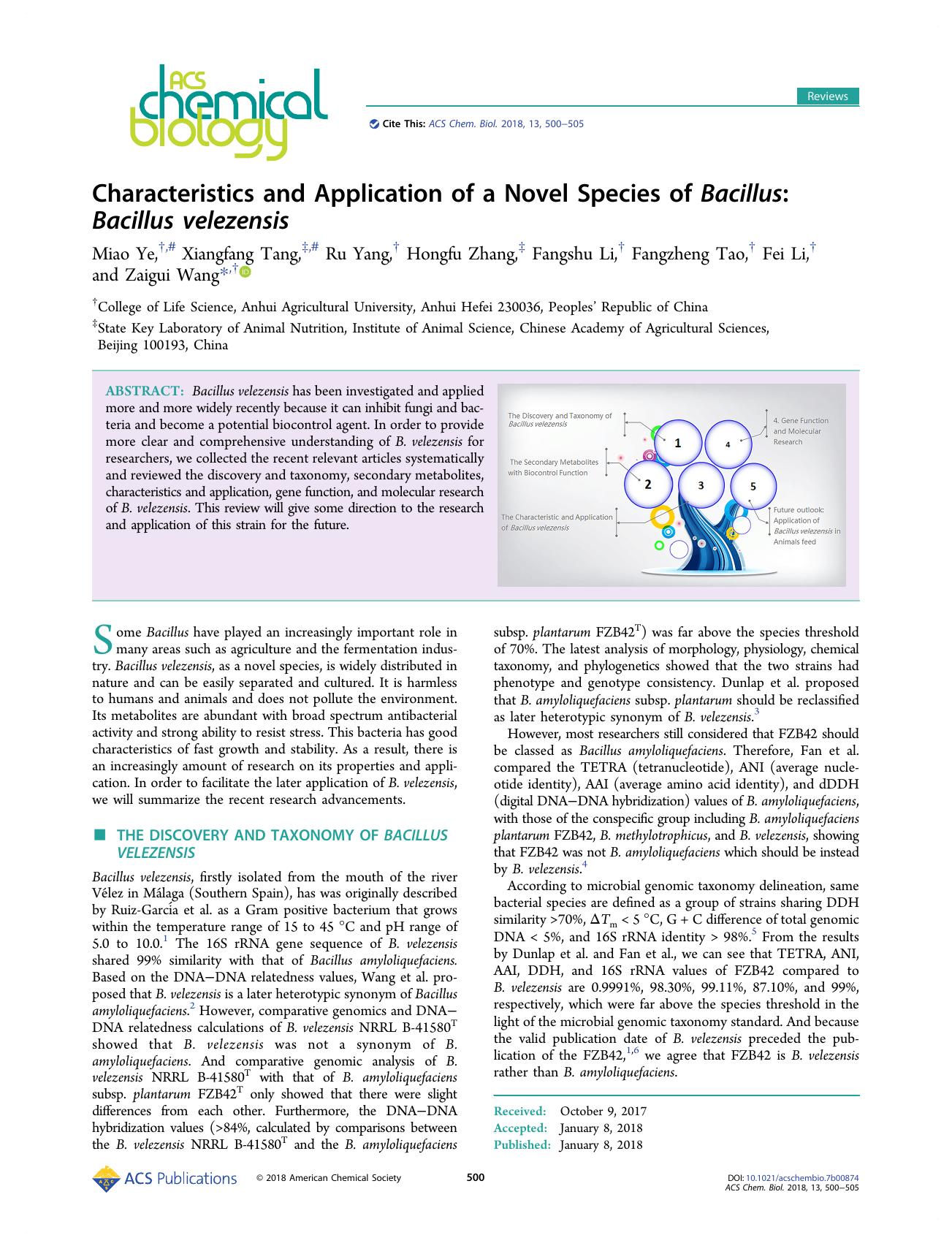 Characteristics and Application of a Novel Species of Bacillus: Bacillus velezensis by Miao Ye Xiangfang Tang Ru Yang Hongfu Zhang Fangshu Li Fangzheng Tao Fei Li and Zaigui Wang