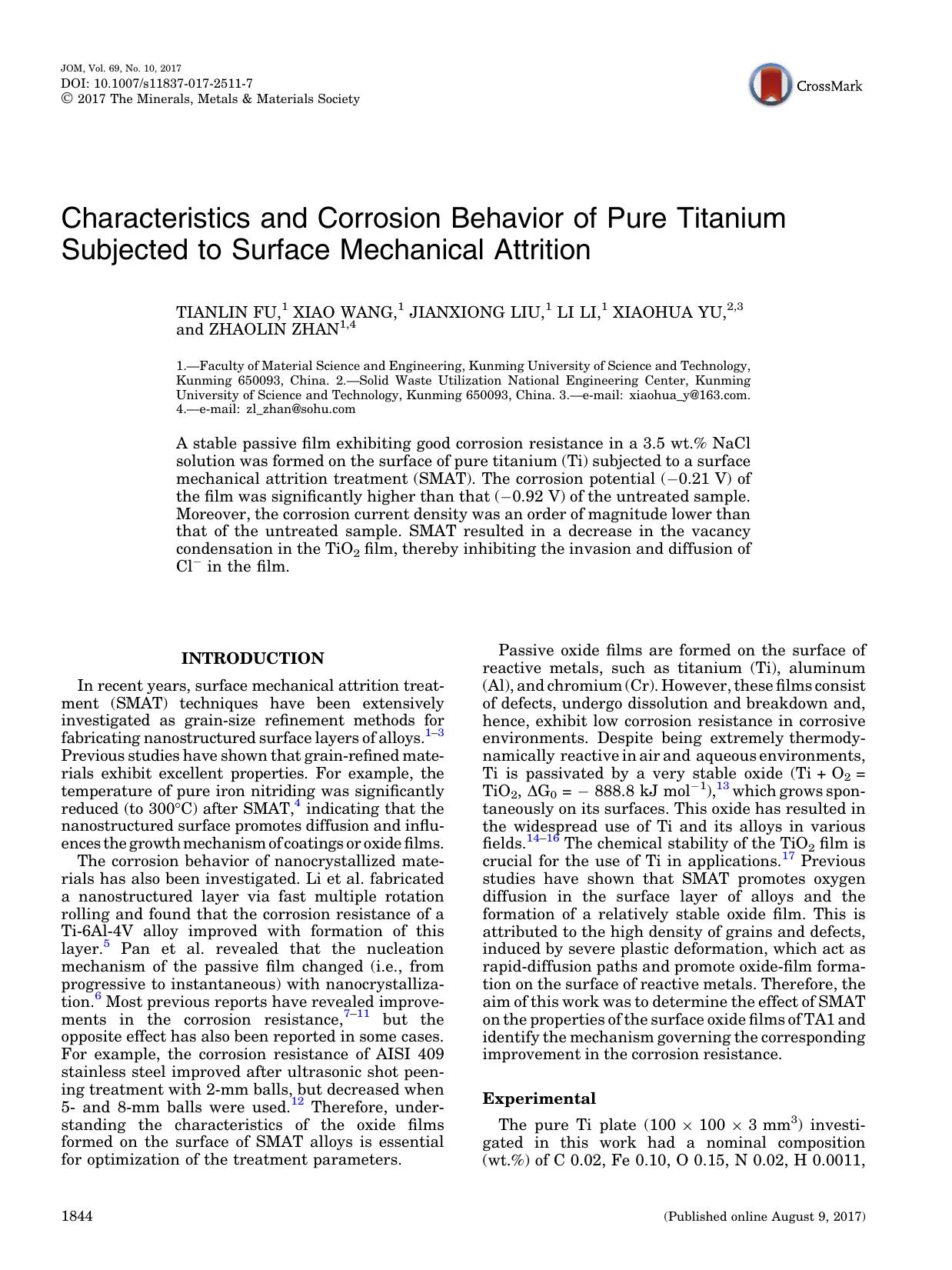 Characteristics and Corrosion Behavior of Pure Titanium Subjected to Surface Mechanical Attrition by Tianlin Fu & Xiao Wang & Jianxiong Liu & Li Li & Xiaohua Yu & Zhaolin Zhan