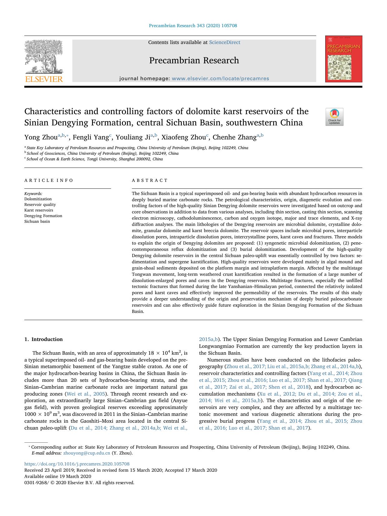 Characteristics and controlling factors of dolomite karst reservoirs of the Sinian Dengying Formation, central Sichuan Basin, southwestern China by Yong Zhou & Fengli Yang & Youliang Ji & Xiaofeng Zhou & Chenhe Zhang