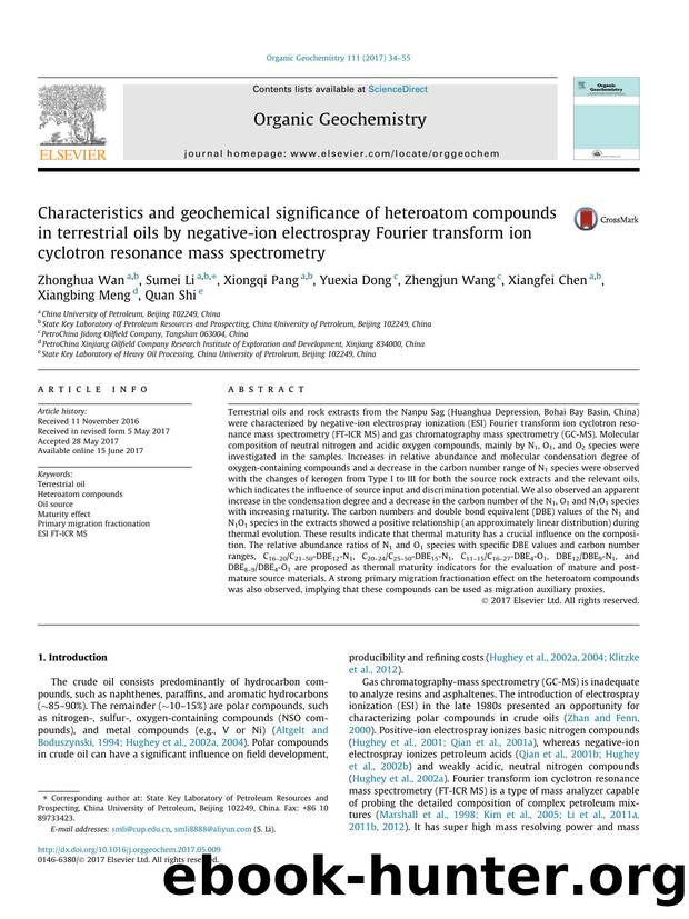 Characteristics and geochemical significance of heteroatom compounds in terrestrial oils by negative-ion electrospray Fourier transform ion cyclotron resonance mass spectrometry by unknow