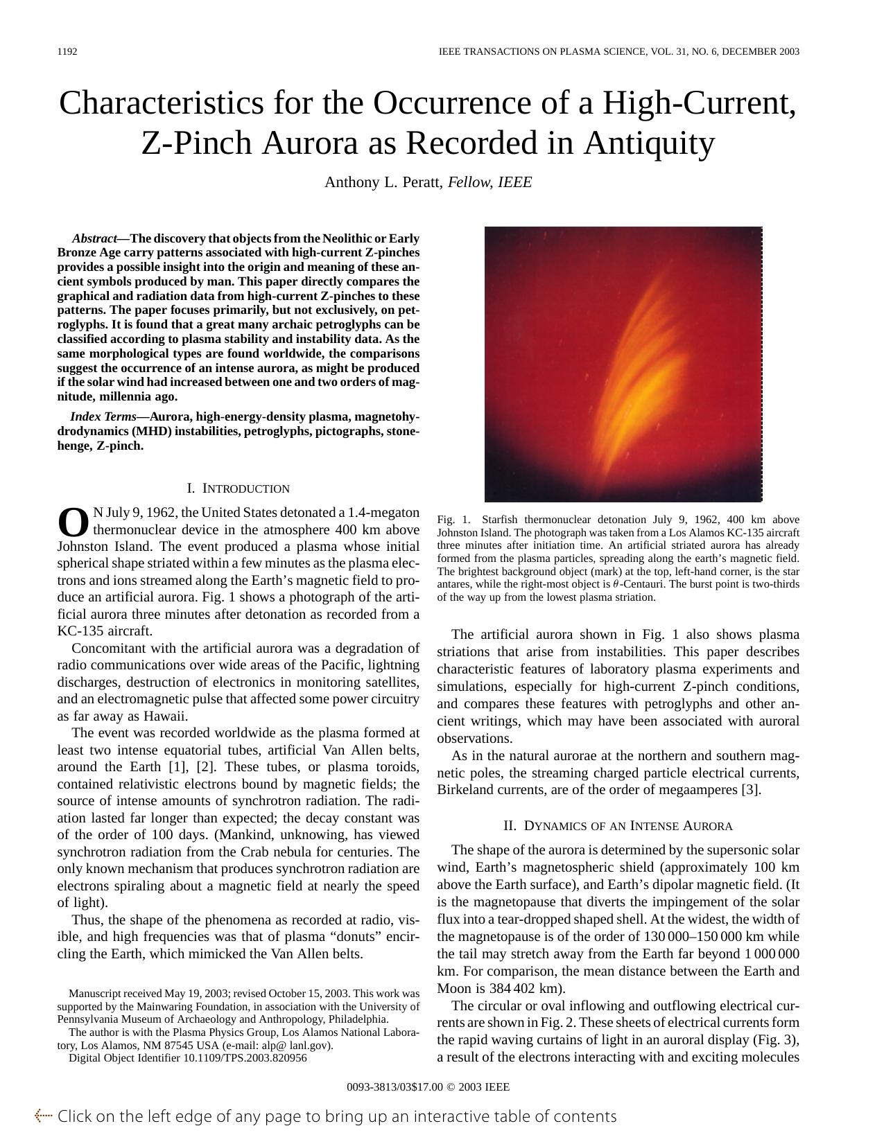 Characteristics for the occurrence of a high-current, Z-pinch aurora as recorded in antiquity - Plasma Science, IEEE Transactions on by Anthony L. Peratt Fellow IEEE