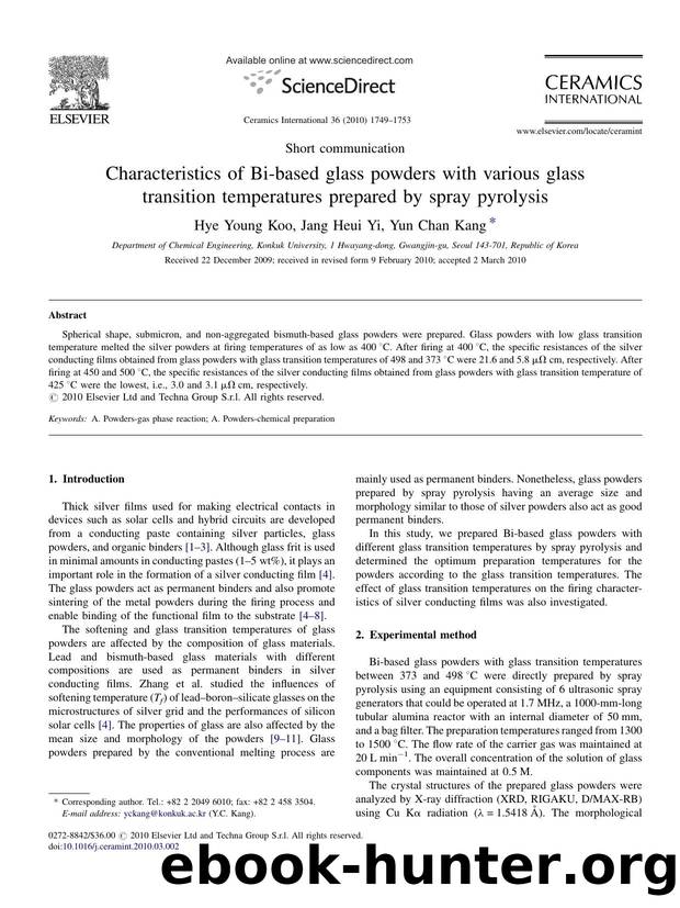 Characteristics of Bi-based glass powders with various glass transition temperatures prepared by spray pyrolysis by Hye Young Koo; Jang Heui Yi; Yun Chan Kang