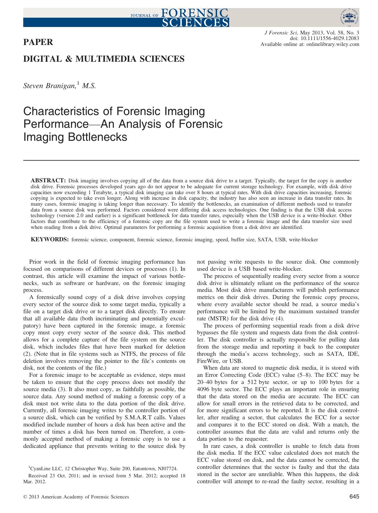 Characteristics of Forensic Imaging PerformanceAn Analysis of Forensic Imaging Bottlenecks by Unknown