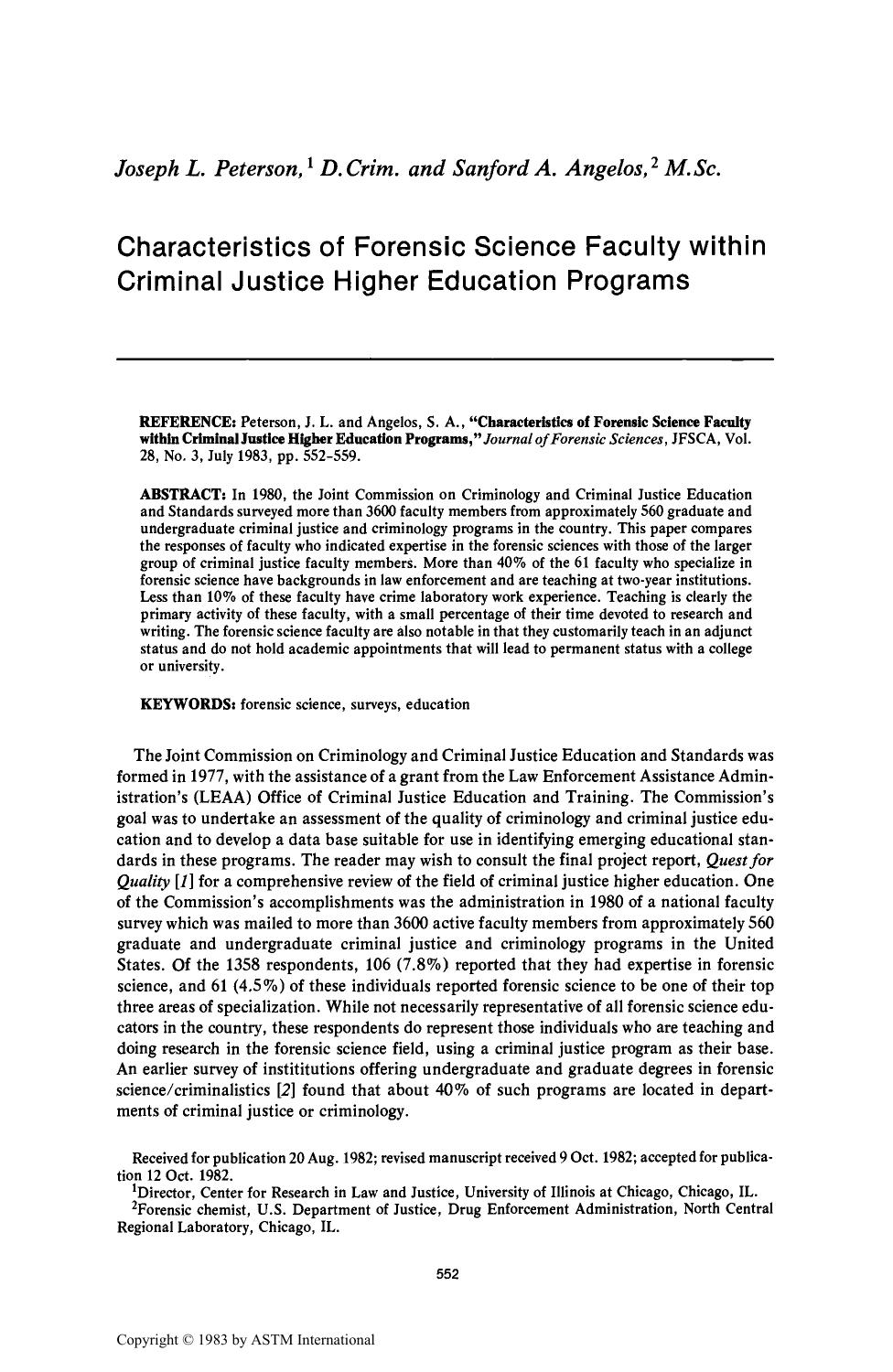 Characteristics of Forensic Science Faculty within Criminal Justice Higher Education Programs by Peterson JL Angelos SA