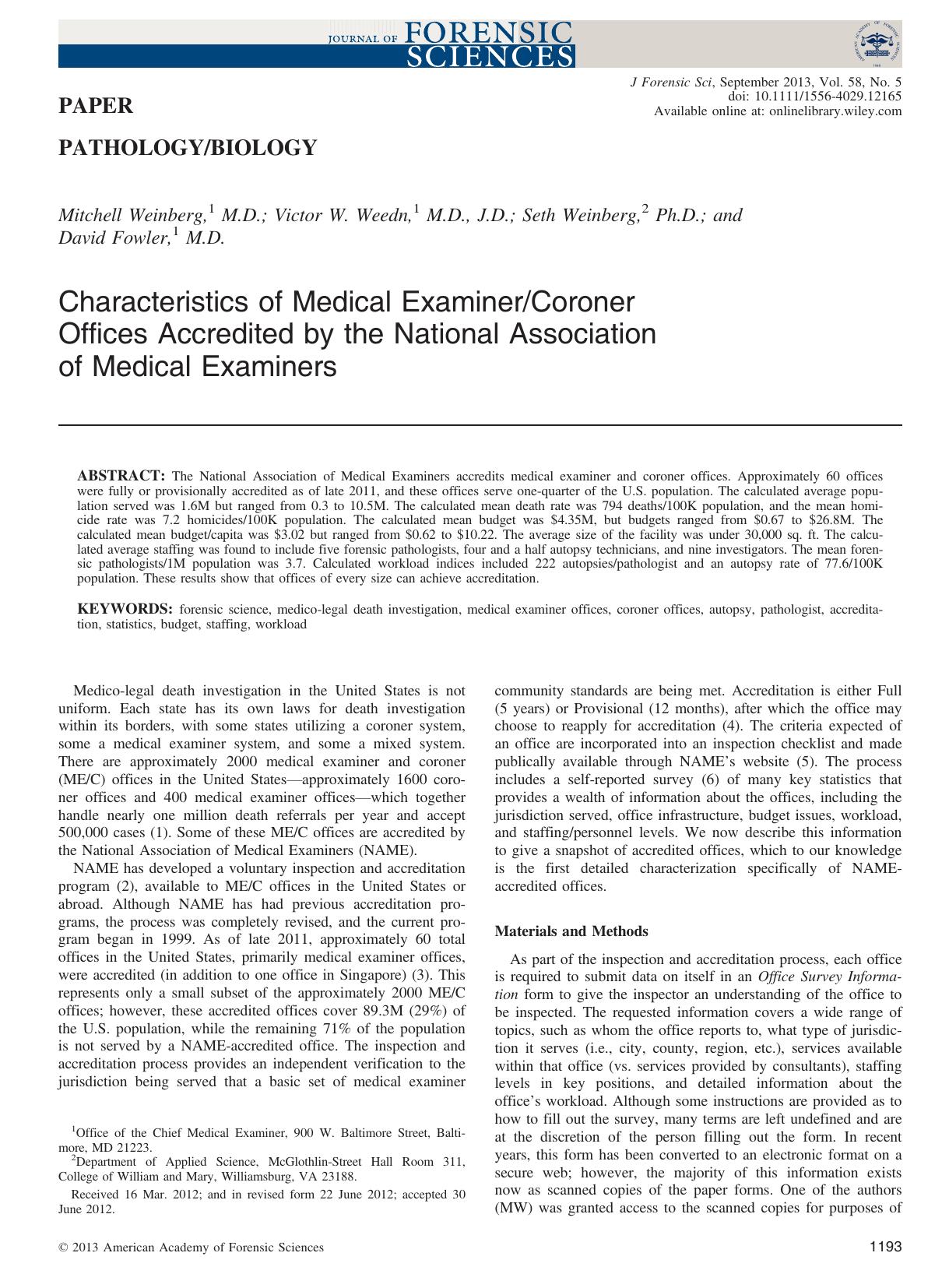 Characteristics of Medical ExaminerCoroner Offices Accredited by the National Association of Medical Examiners by Unknown