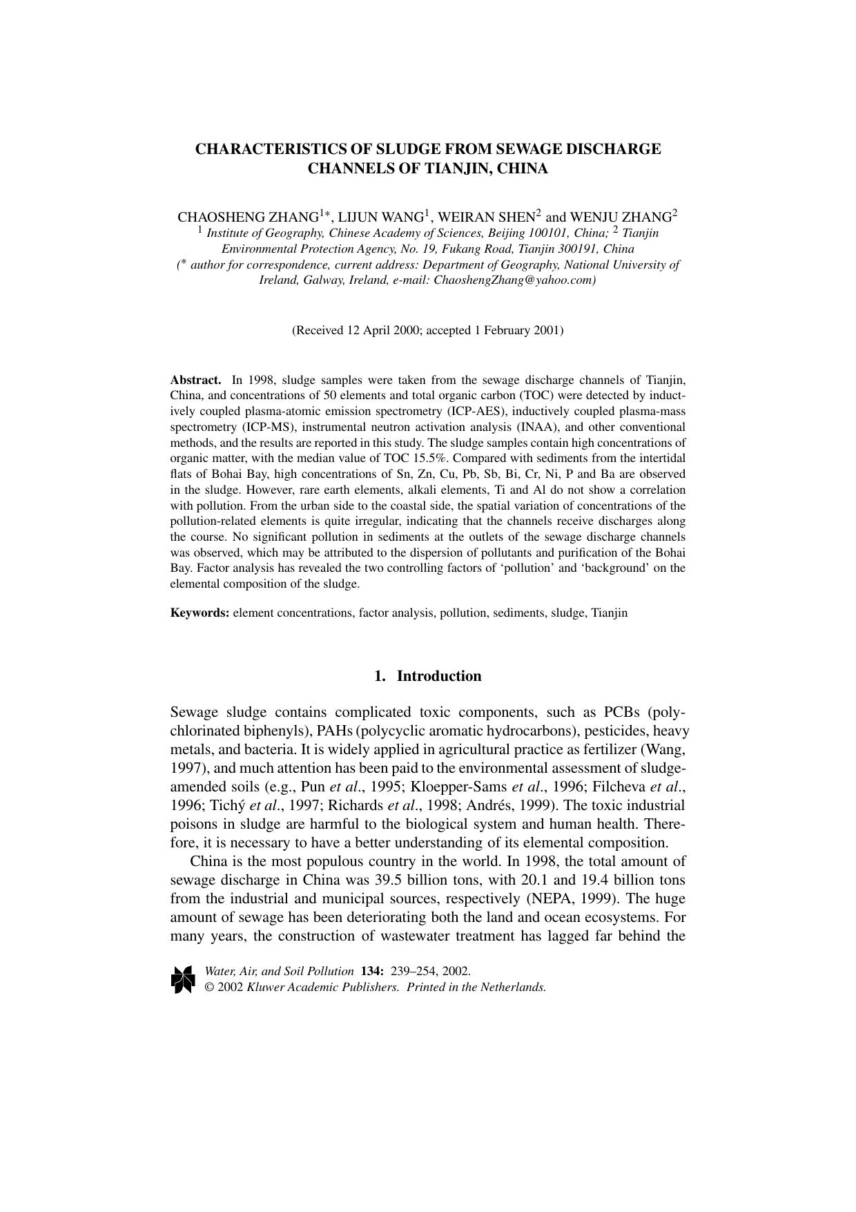 Characteristics of Sludge from Sewage Discharge Channels of Tianjin, China by Unknown