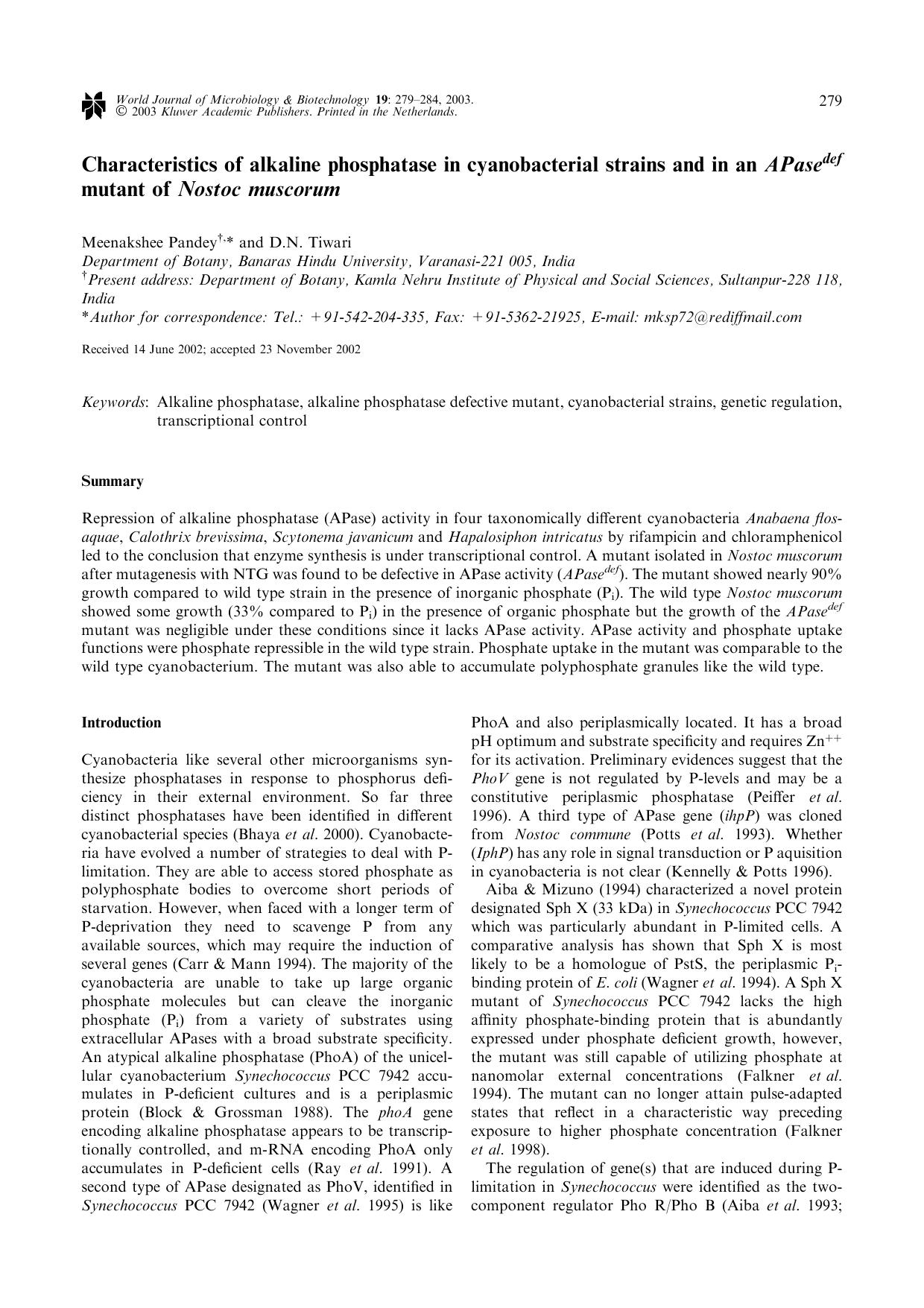 Characteristics of alkaline phosphatase in cyanobacterial strains and in an <Emphasis Type="Italic">APase<Emphasis><Superscript>def<Superscript> mutant of <Emphasis Type="Italic">N by Unknown