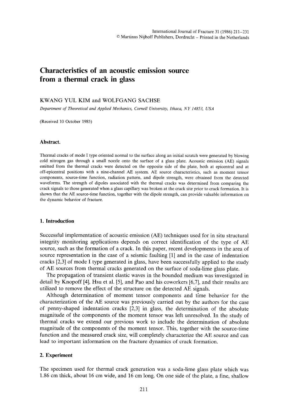 Characteristics of an acoustic emission source from a thermal crack in glass by Unknown