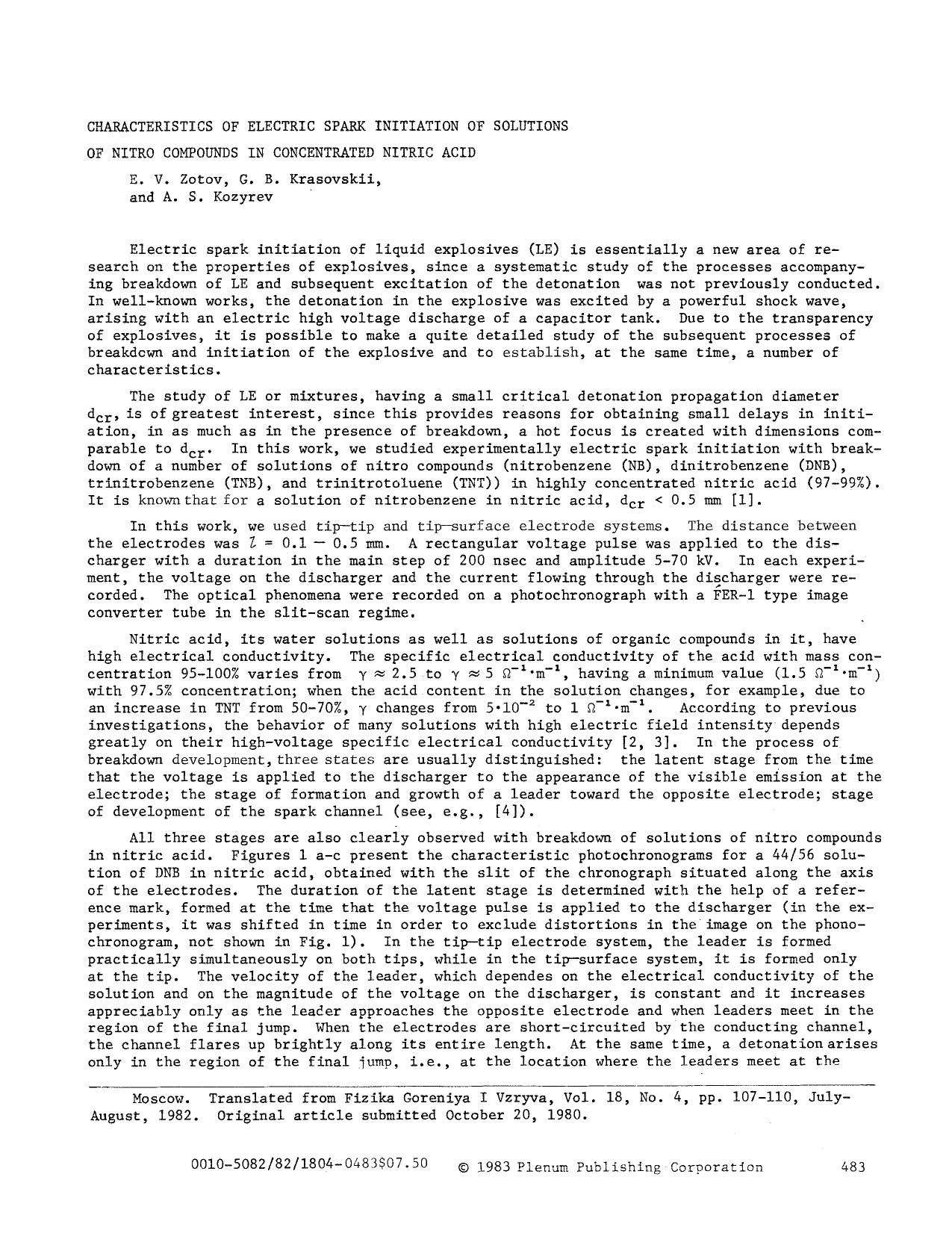 Characteristics of electric spark initiation of solutions of nitro compounds in concentrated nitric acid by Unknown