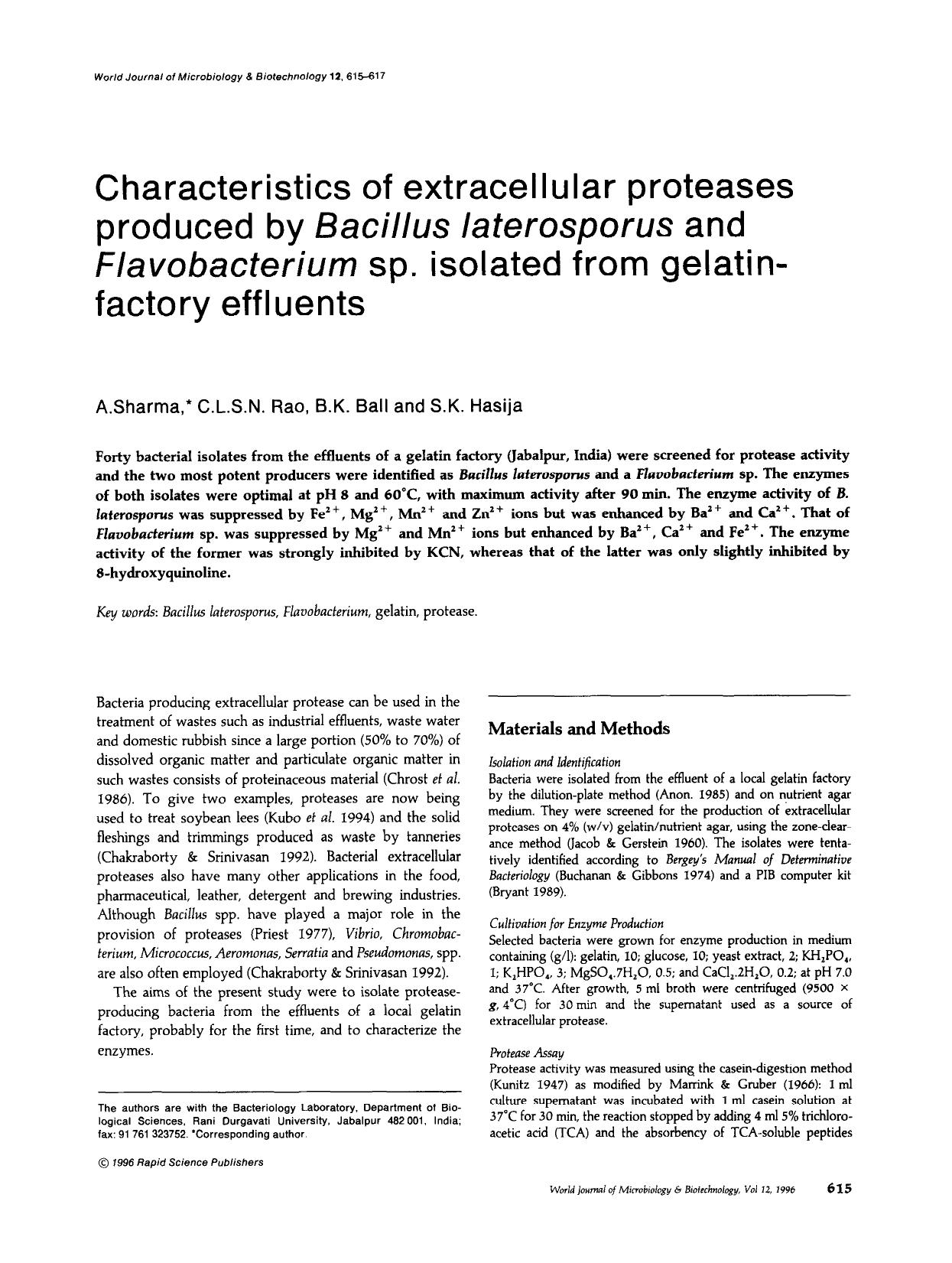 Characteristics of extracellular proteases produced by <Emphasis Type="Italic">Bacillus laterosporus<Emphasis> and <Emphasis Type="Italic">Flavobacterium<Emphasis> sp. isolated fro by Unknown