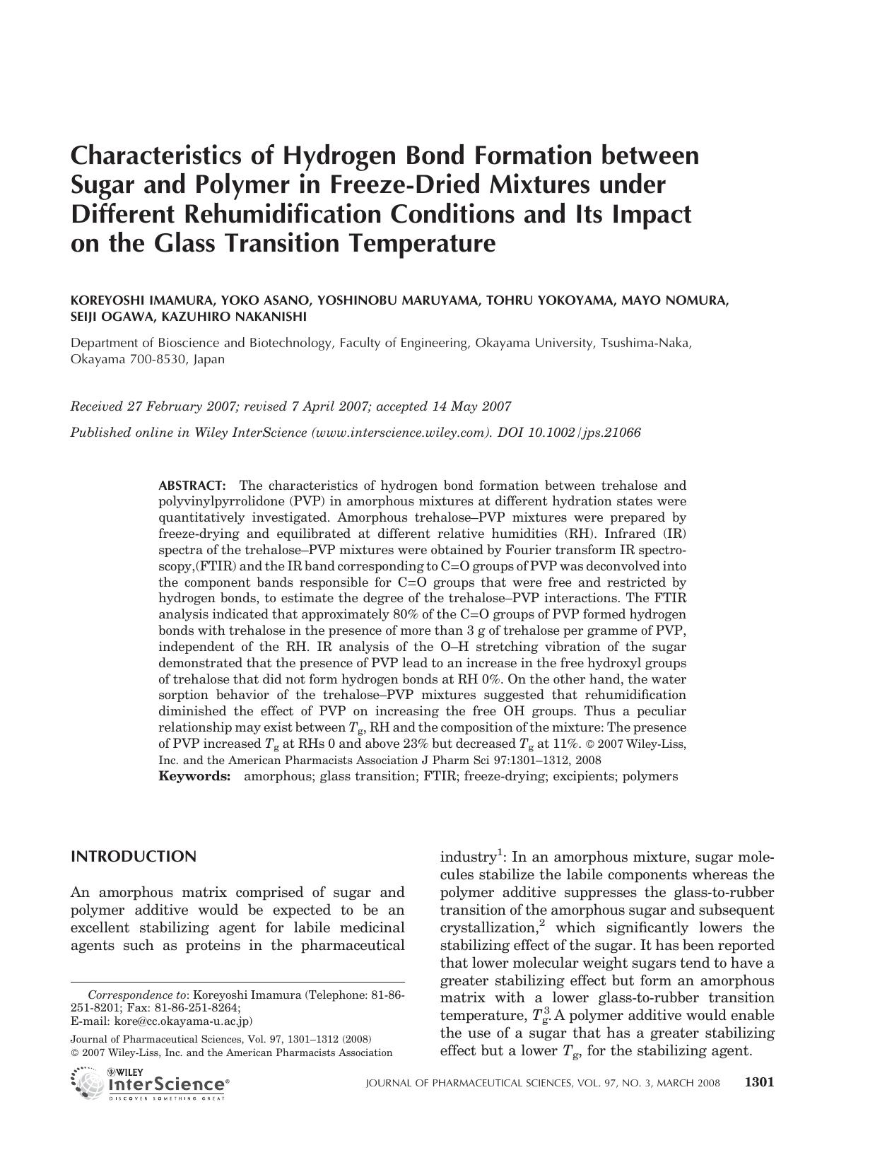 Characteristics of hydrogen bond formation between sugar and polymer in freeze-dried mixtures under different rehumidification conditions and its impact on the glass transition temperature by Unknown