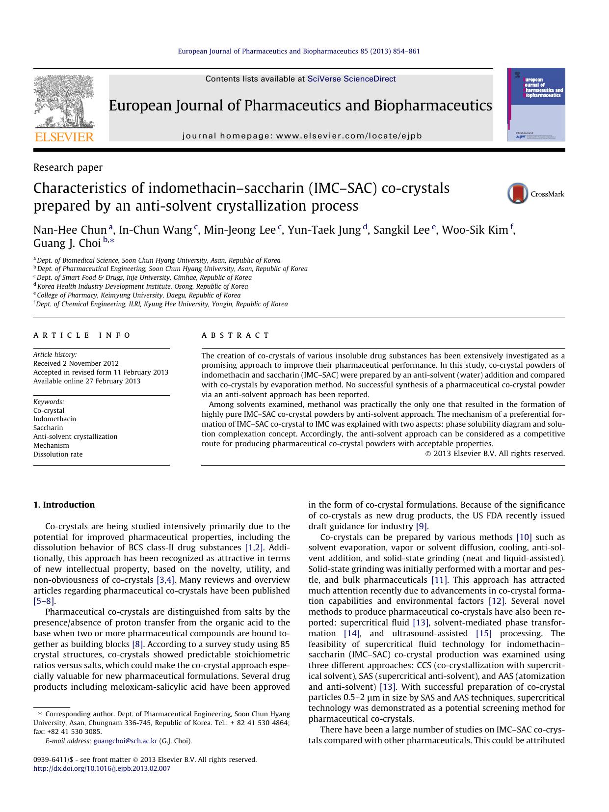 Characteristics of indomethacinâsaccharin (IMCâSAC) co-crystals prepared by an anti-solvent crystallization process by unknow