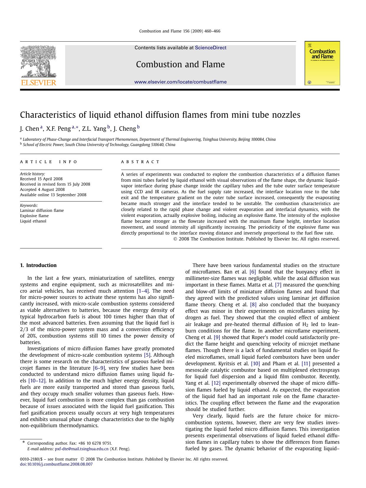 Characteristics of liquid ethanol diffusion flames from mini tube nozzles by J. Chen; X.F. Peng; Z.L. Yang; J. Cheng
