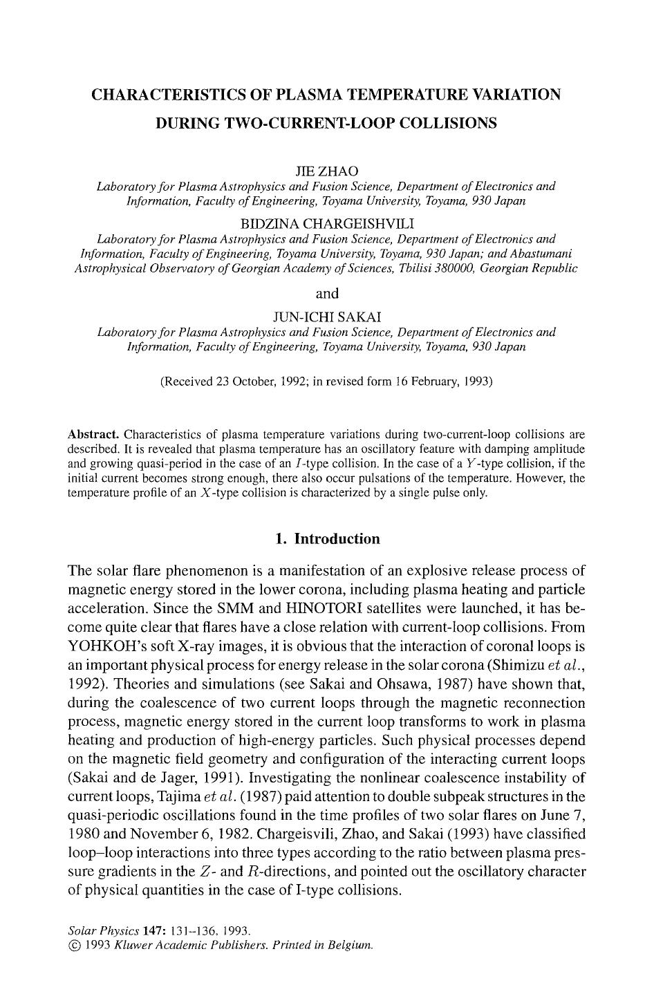 Characteristics of plasma temperature variation during two-current-loop collisions by Unknown