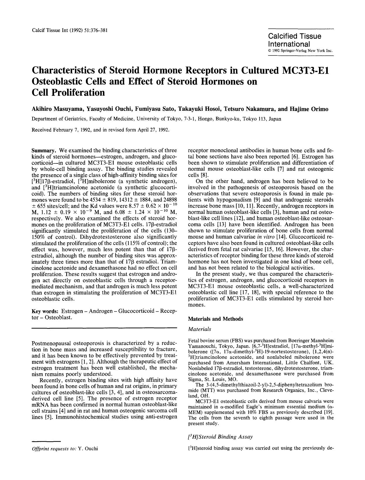 Characteristics of steroid hormone receptors in cultured MC3T3-E1 osteoblastic cells and effect of steroid hormones on cell proliferation by Unknown