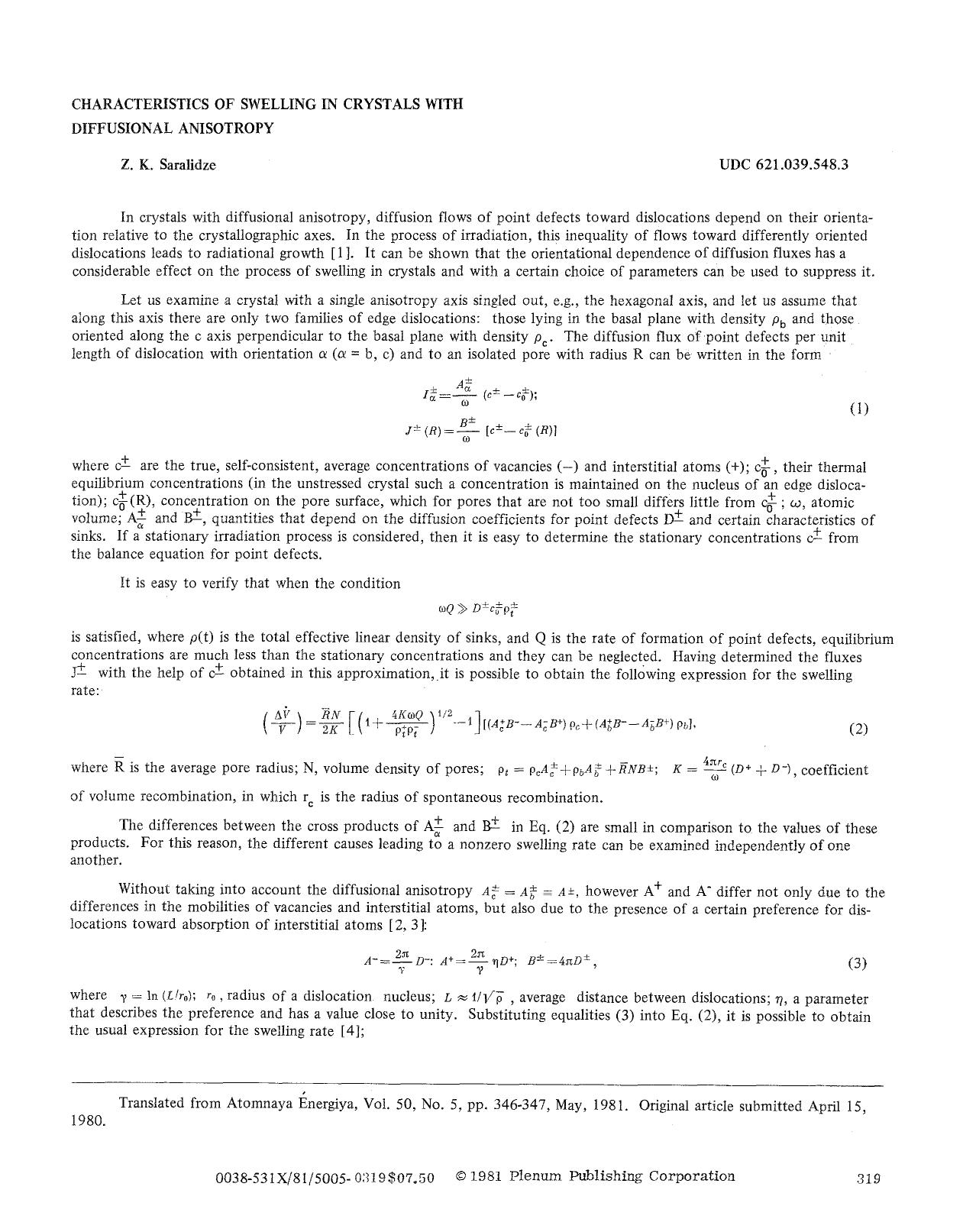 Characteristics of swelling in crystals with diffusional anisotropy by Unknown