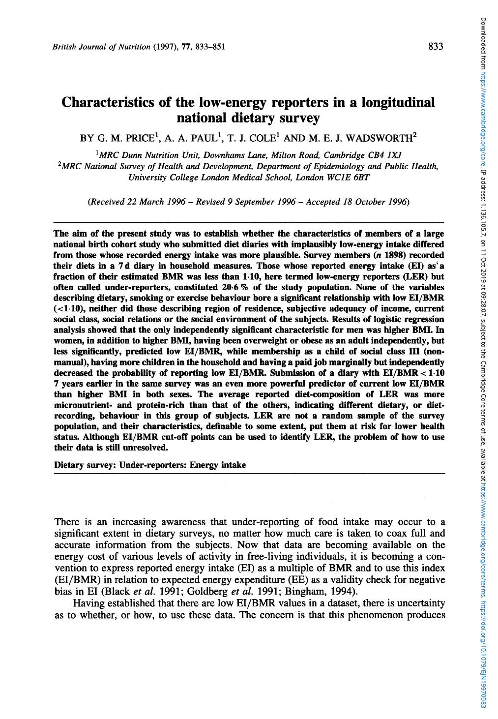 Characteristics of the low-energy reporters in a longitudinal national dietary survey by G. M Price A. A Paul T. J Cole & M. E. J Wadsworth